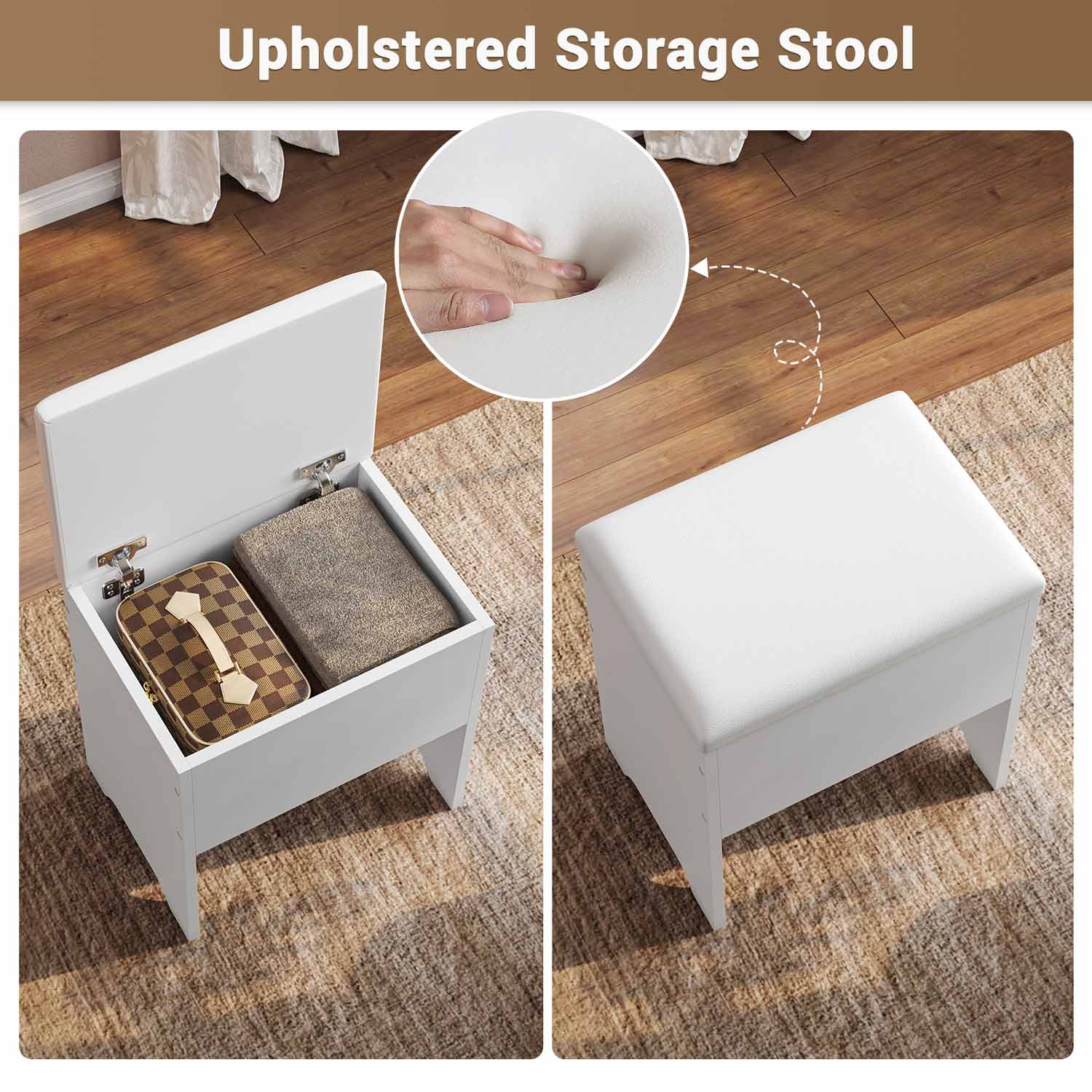 Sikaic Makeup Vanity Corner LED Makeup Vanity Desk with Storage Stool and Charging Station Mirror Drawers, Rotating Shelves White