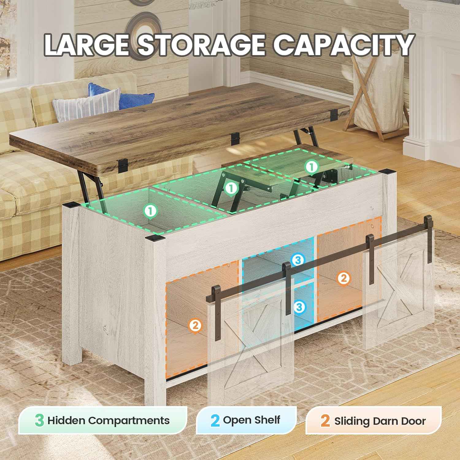 Sikaic Coffee Table 4 in 1 Multi-Function Lift Top Coffee Table White White / Engineered Wood / Farmhouse