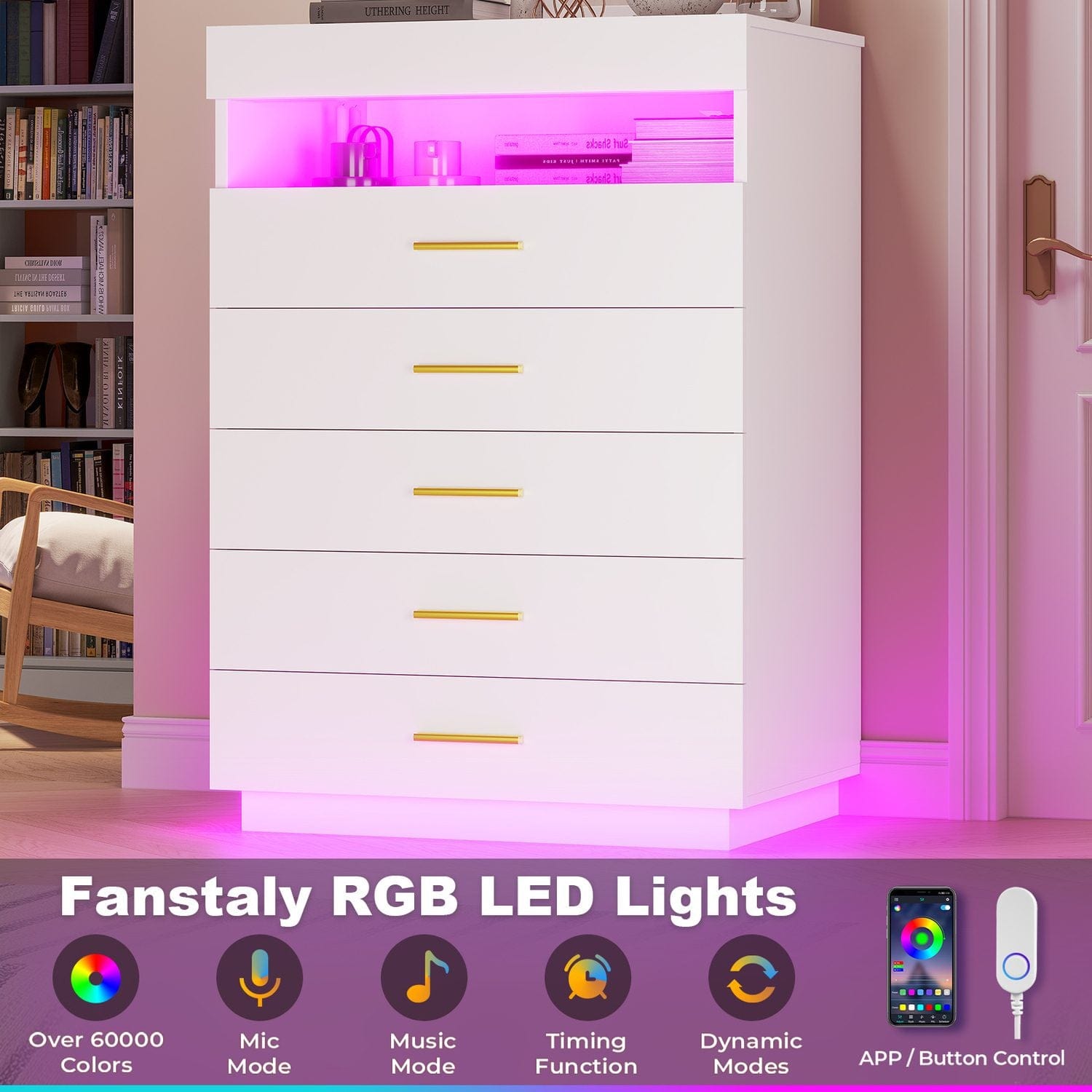 Sikaic Dresser Modern Floating White Dresser Chest of 5 Drawers with Pull-Out Shelf and Open Storage & LED Lights