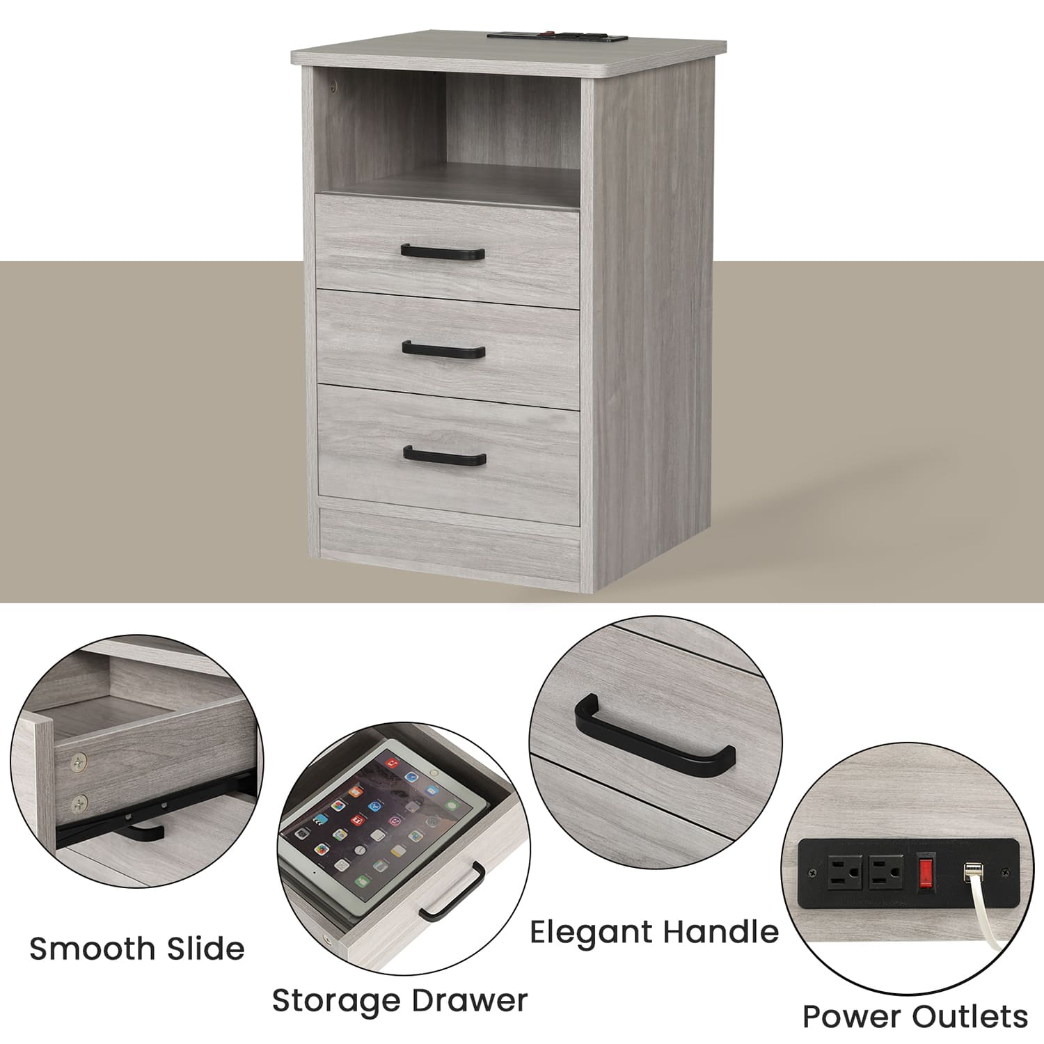 Sikaic Nightstand with 3 Drawers USB Port Grey