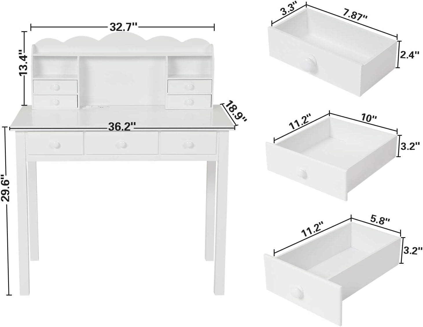 Sikaic Solid Pine Wood Legs Writing Desk with USB Port Hutch 7 Drawers White
