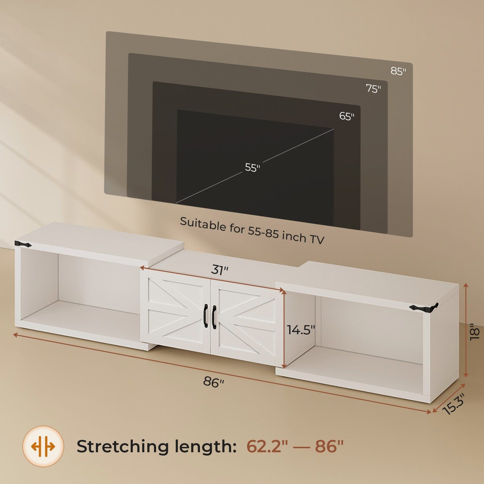 Sikaic TV Stands 86 Inches Deformable TV Stand with Storage White White / Engineered Wood / Farmhouse