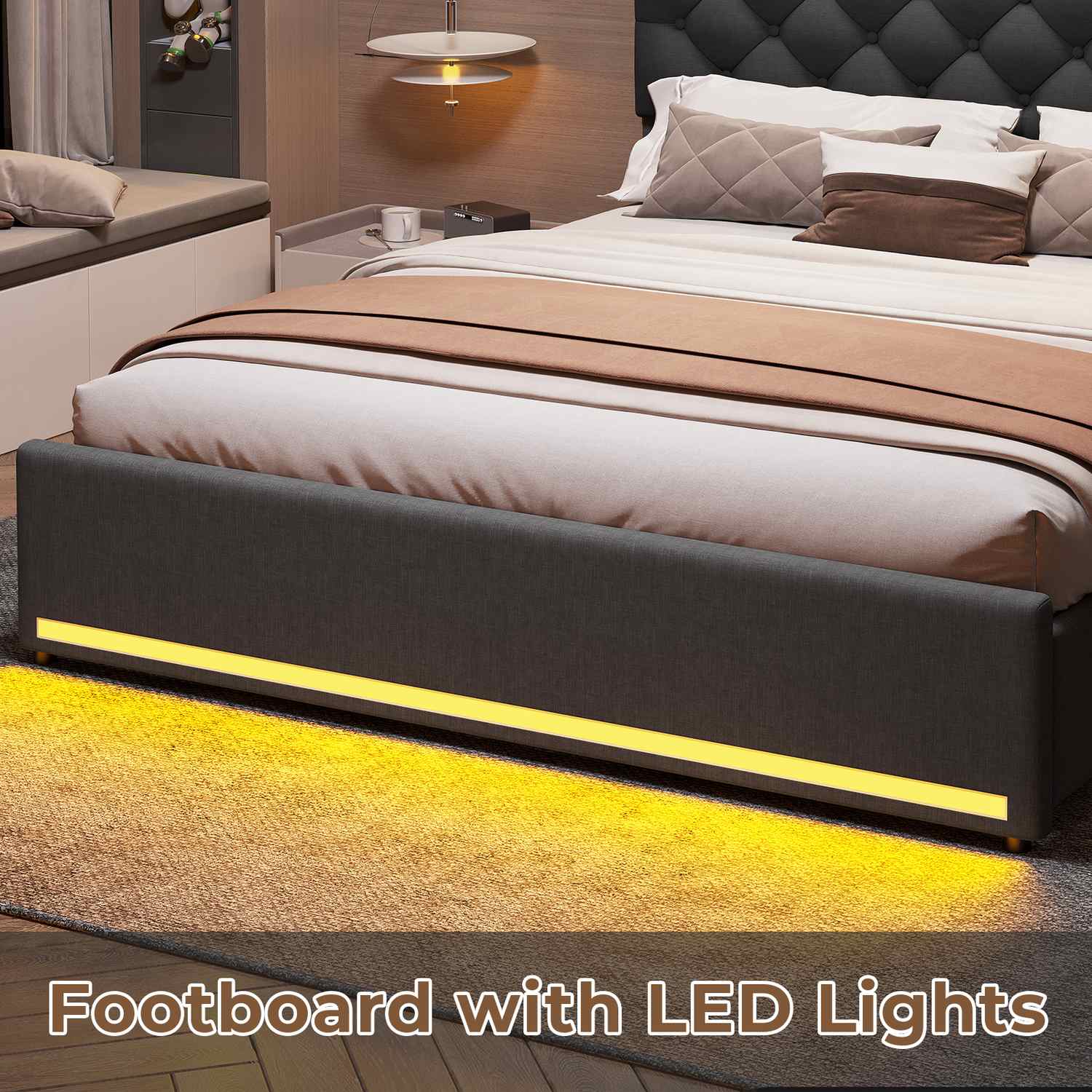 Sikaic Bed Frame Upholstered Platform Bed Frame with LED Lights & Charging Station Hidden Storage Headboard and 4 Drawers Linen Dark Grey