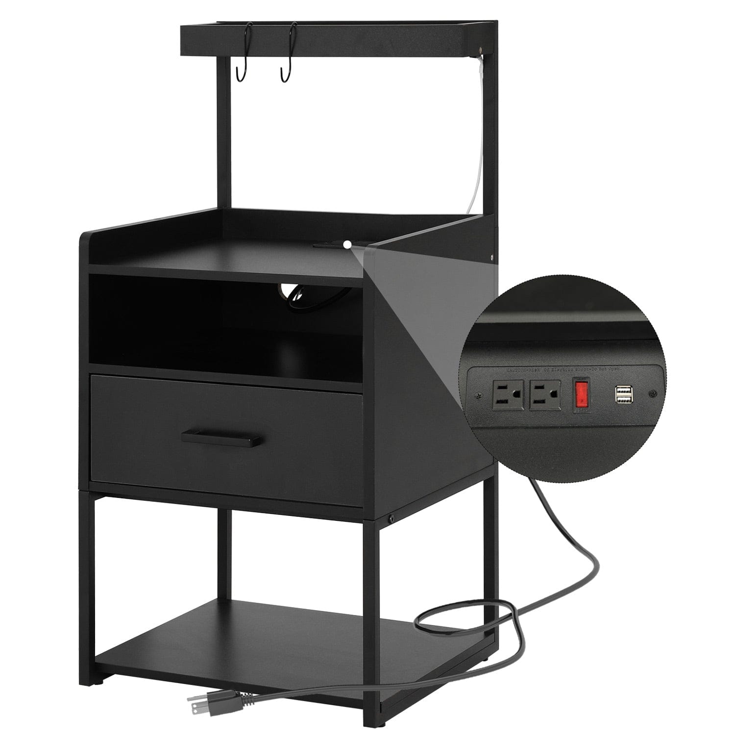 Sikaic Nightstand LED Nightstand with Charging Station & Shelf Black