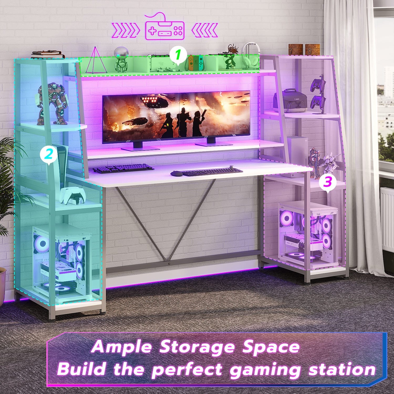 Sikaic Gaming Desk Sikaic 78.8 Inches Large PC Gamer Ergonomic Gaming Desk with LED Lights Hutch White