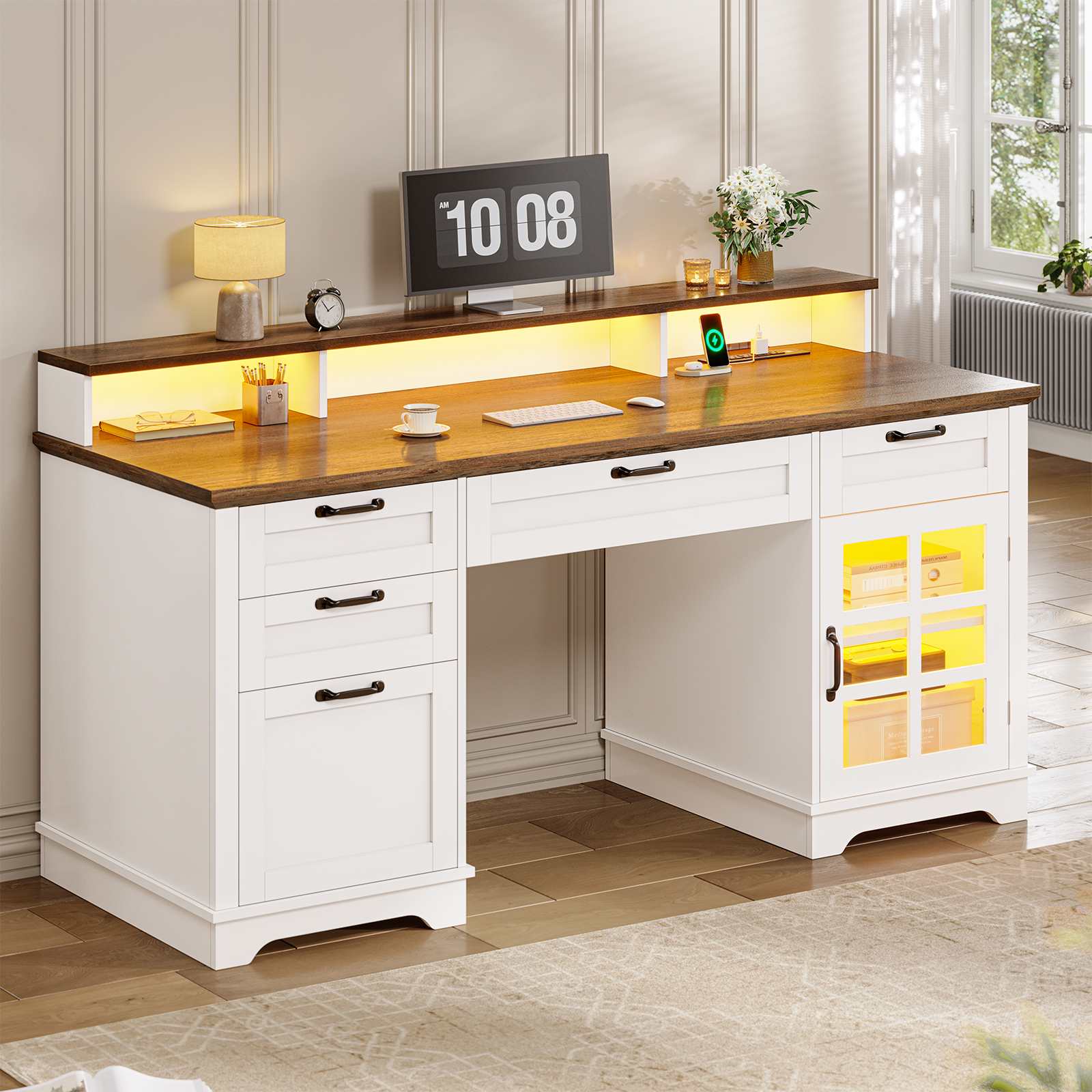 Sikaic Computer Desk 59 Inches Executive Desk with Power Outlet and LED Light White White / Engineered Wood / Farmhouse