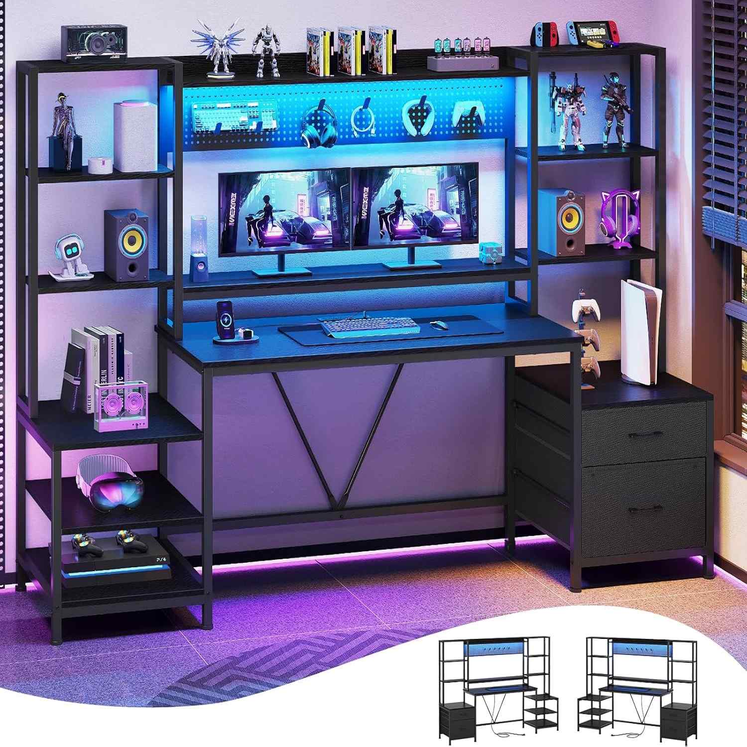 Sikaic Gaming Desk 81.9 Inches Gaming Desk with Power Outlets and LED Light Black Black / Engineered Wood / Modern