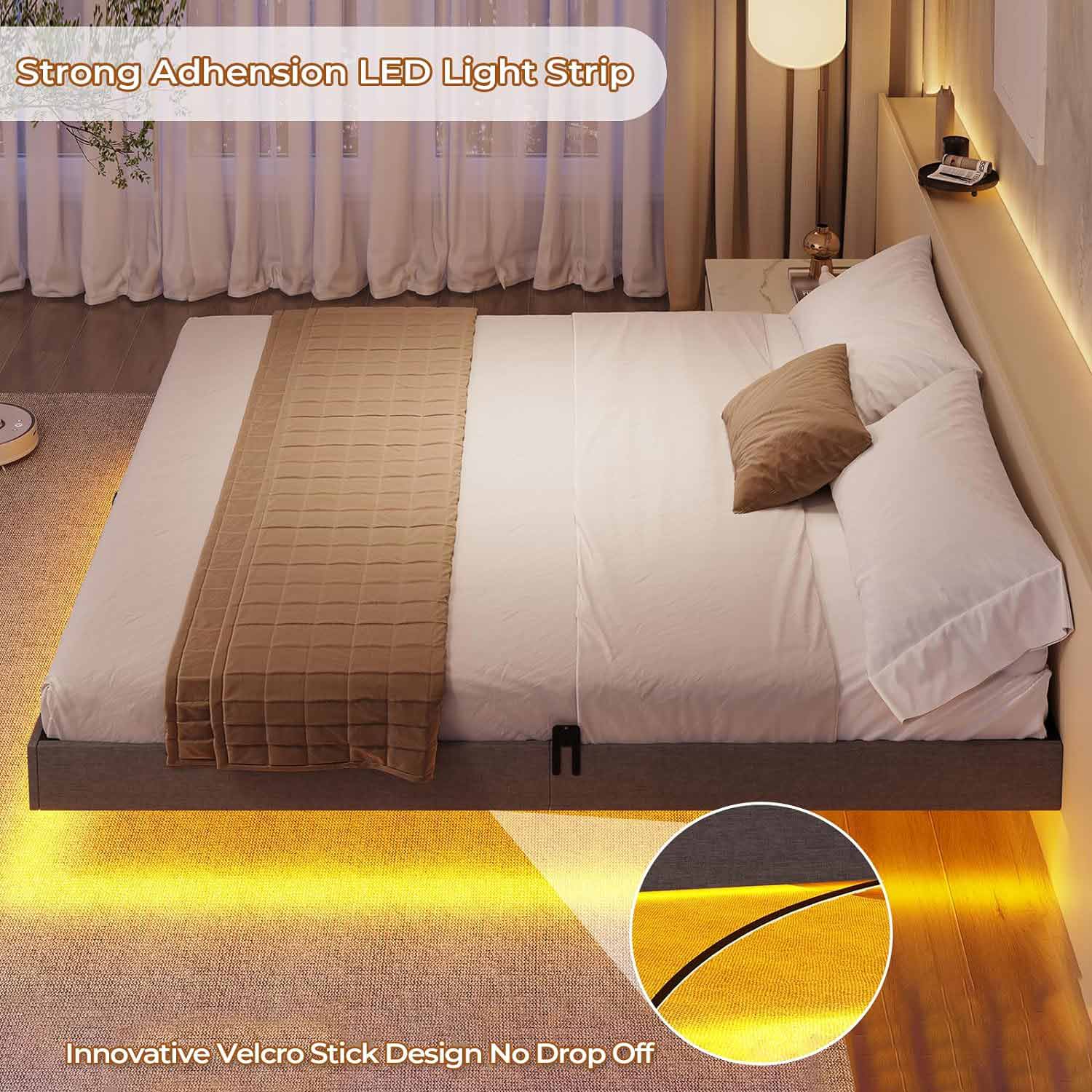 Sikaic Bed Frame Floating Bed Frame Linen Upholstered Platform with LED Lights Underbed Storage Space No Box Spring Needed Dark Grey