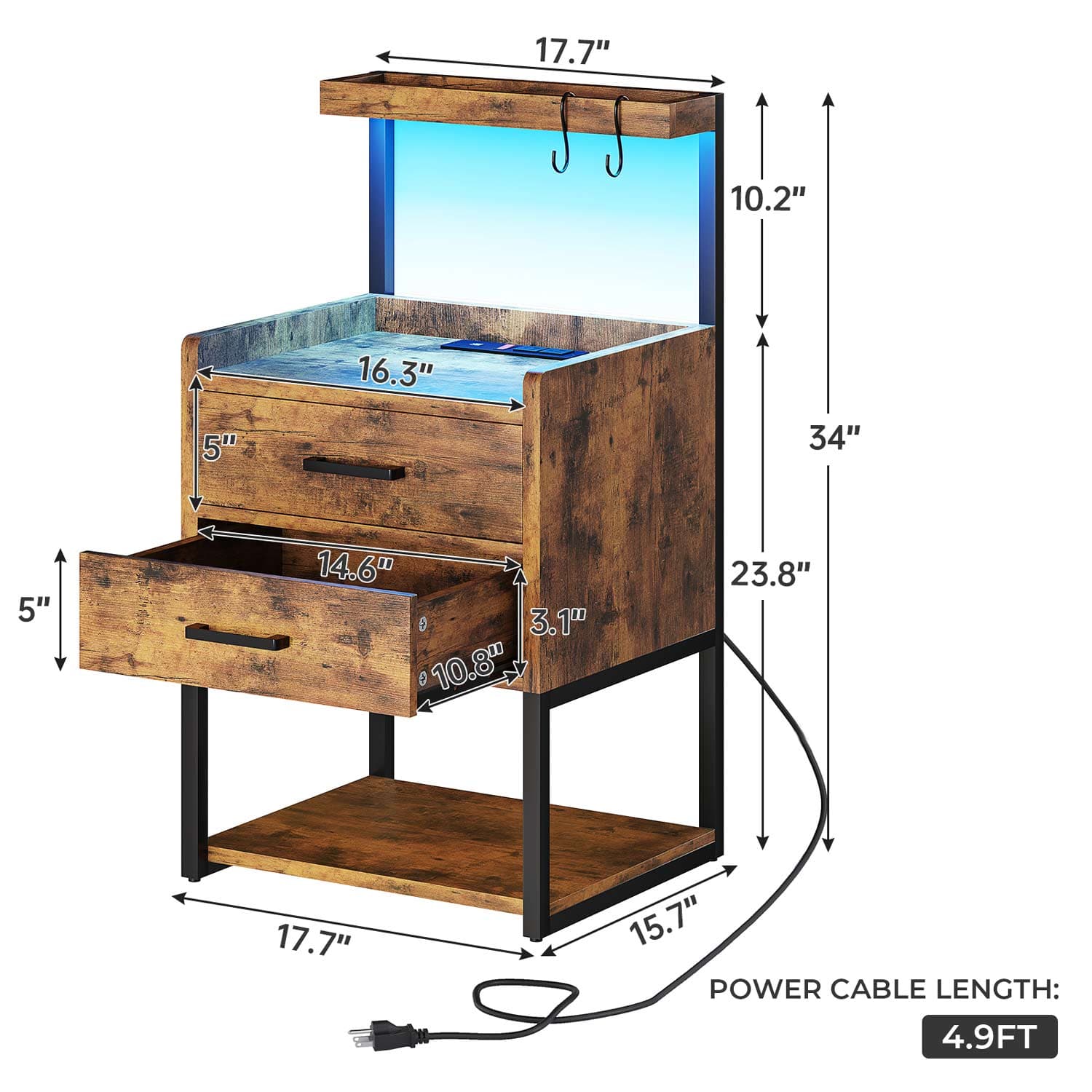 Sikaic Nightstands LED Nightstand with Charging Station Drawers Storage Shelves Brown