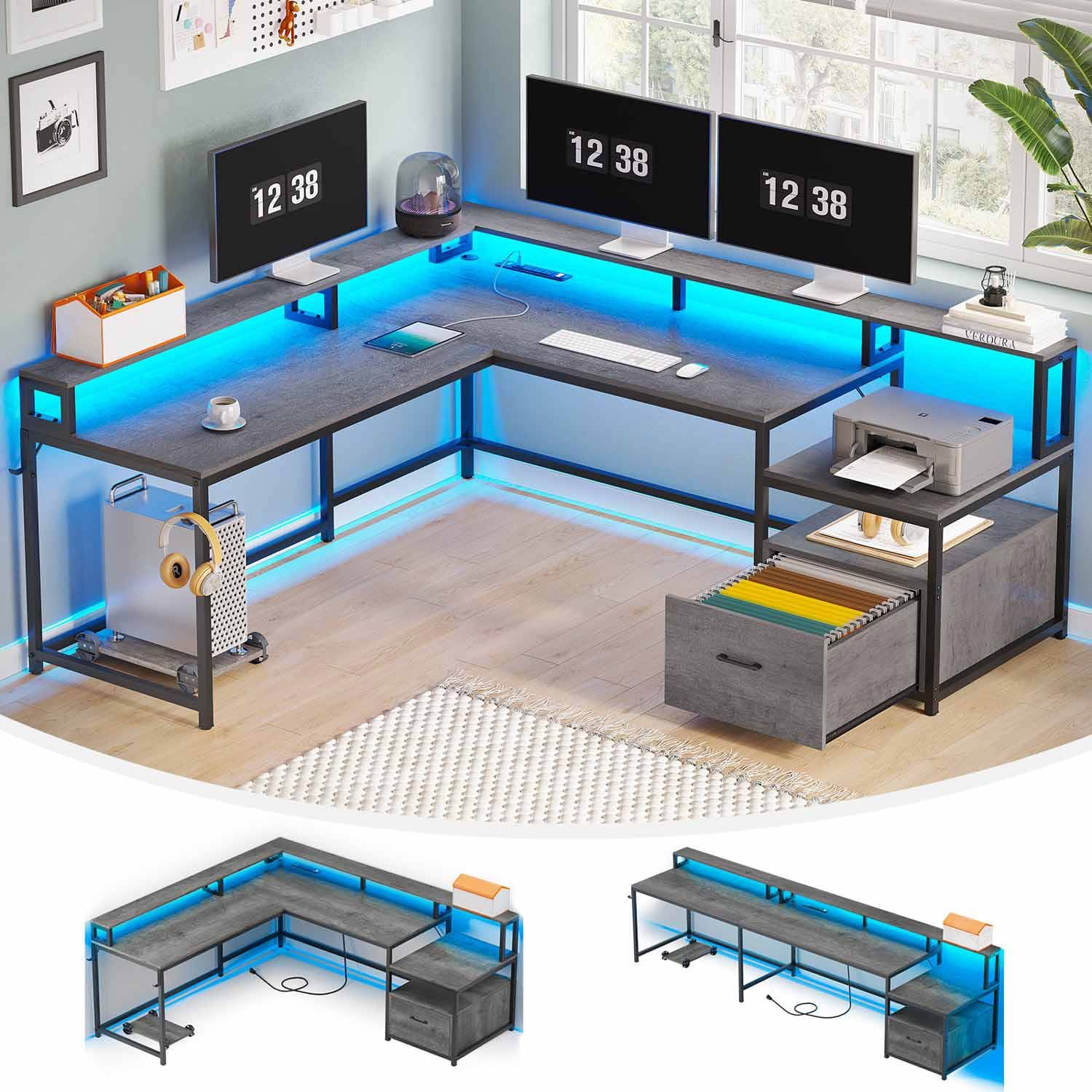 Sikaic Gaming Desk 66 Inch L Shaped Corner Two Person Gaming Desk with File Drawer Power Outlet Led Lights Monitor Shelf Grey