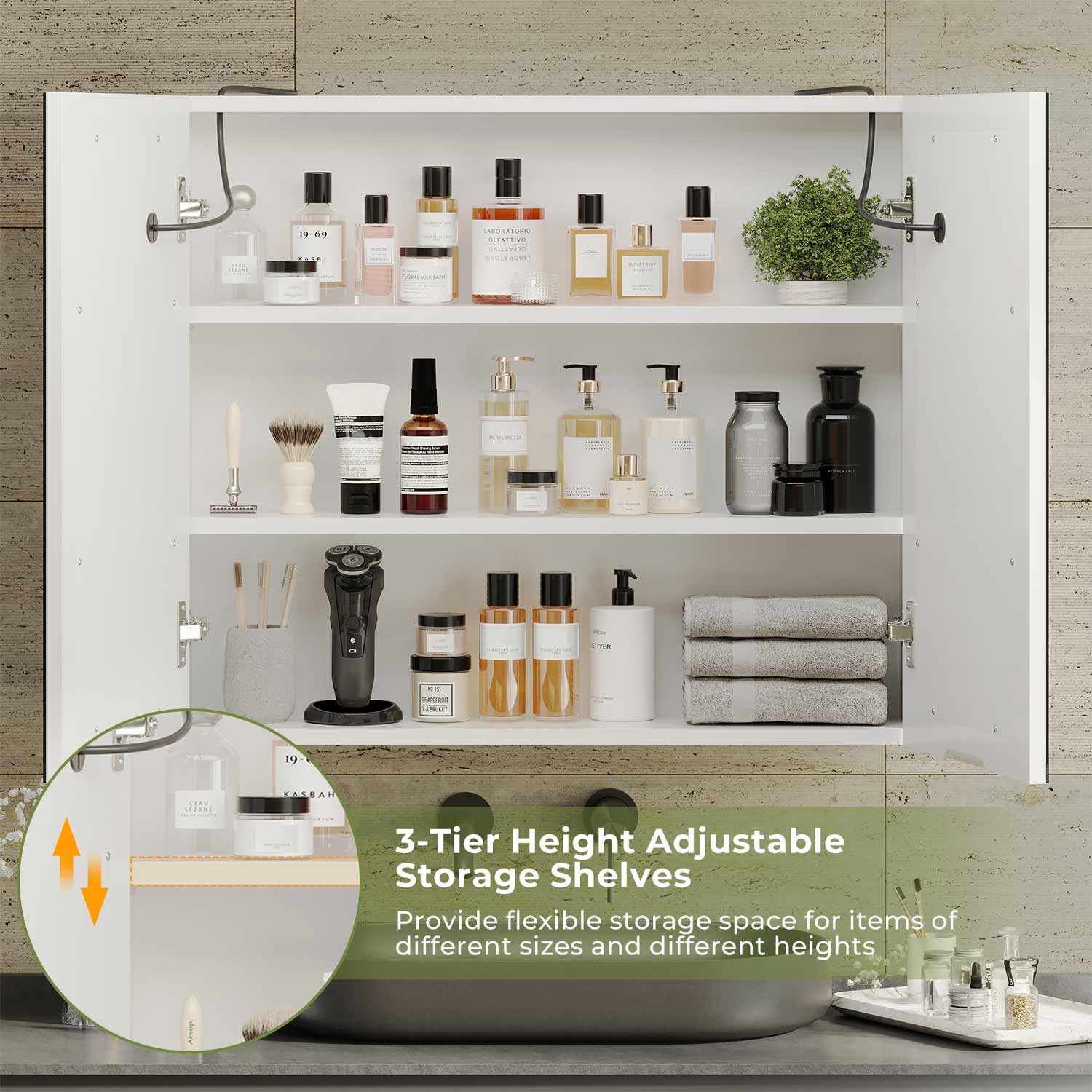 Sikaic Medicine Cabinet Led Double Doors Wall Mounted Medicine Cabinet with Mirror Cabinet Storage Organizer Adjustable Shelves White