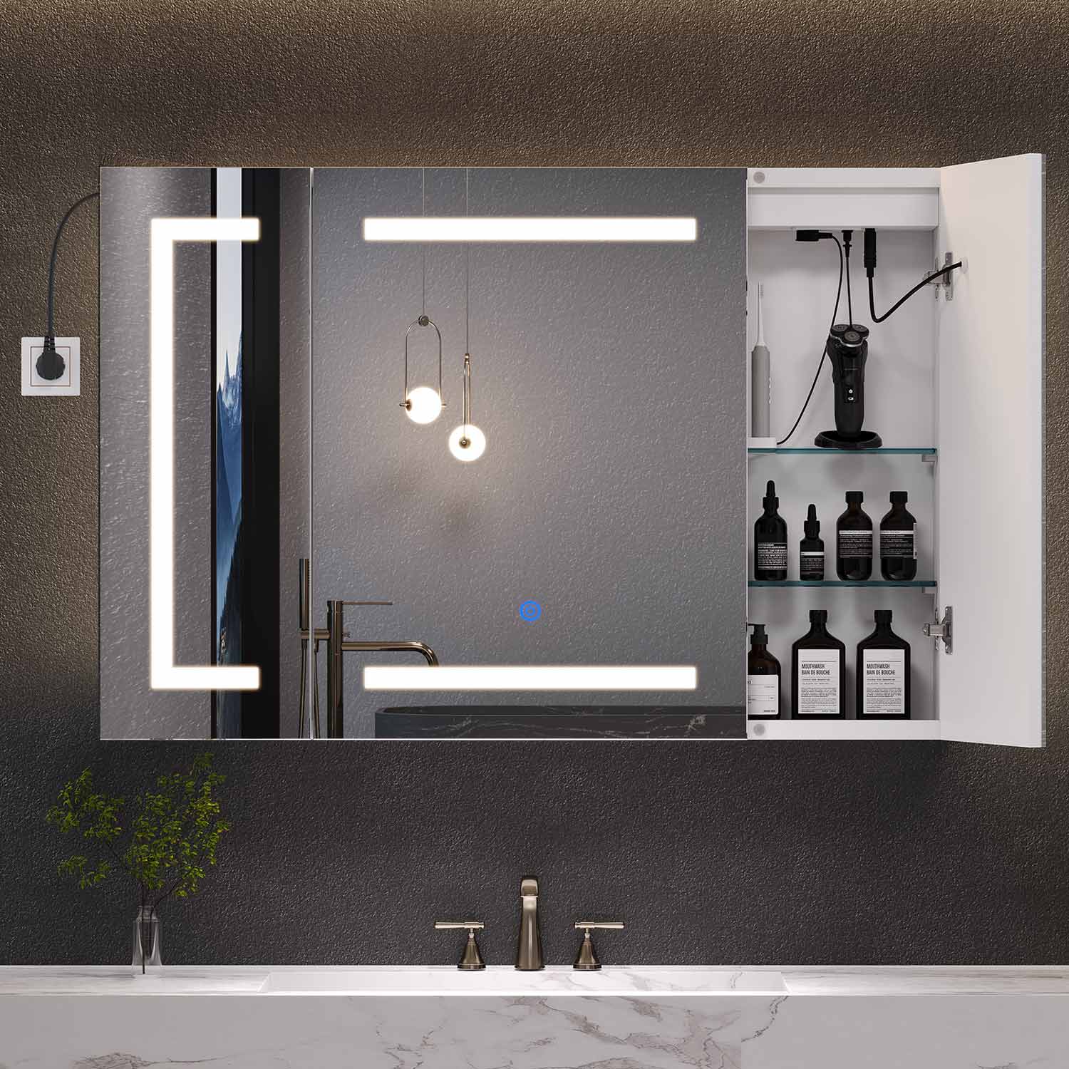 Sikaic Medicine Cabinets 3 Doors Wall Mounted Vanity Medicine Cabinet Mirror with Storage Shelves and 2 Outlets White