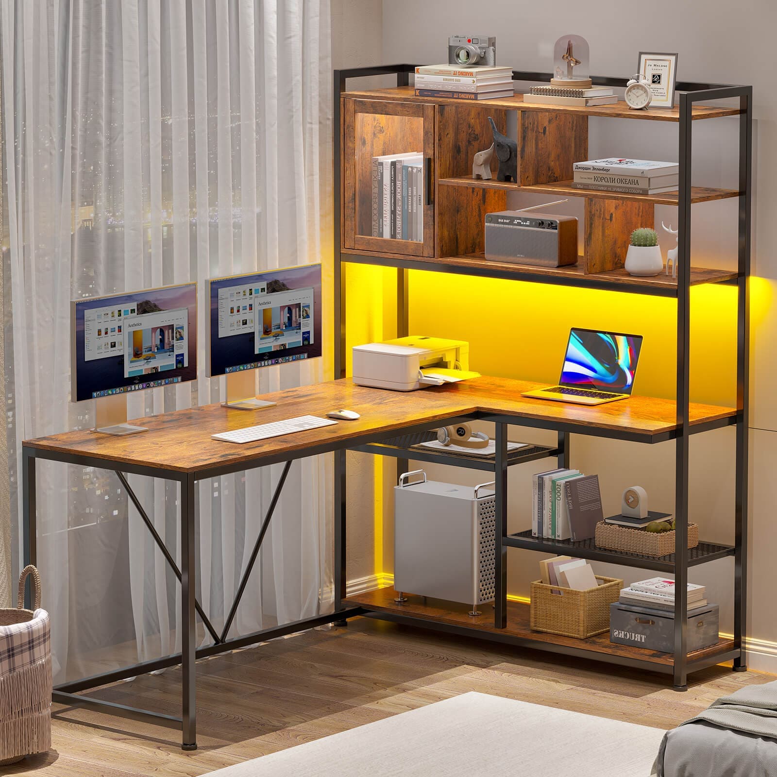 Sikaic Gaming Desk 58 Inches L Shape Corner LED Gaming Desk with Bookshelf Storage Shelves Brown
