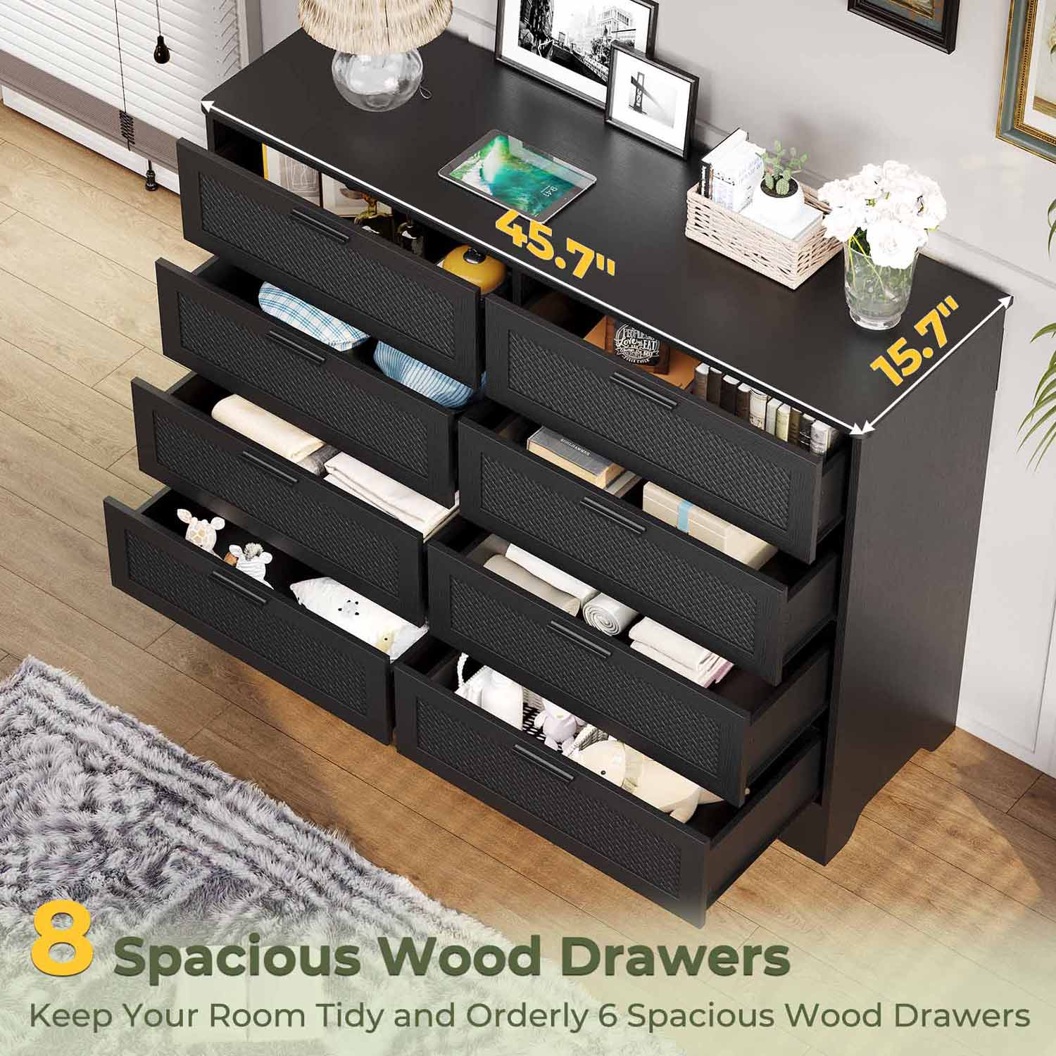 Sikaic Dresser Wooden Large Capacity Storage Dresser of Drawers with Woven Leather Design for Living Room Hallway Black