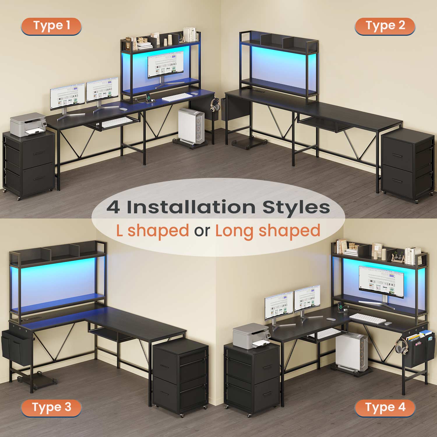 Sikaic Gaming Desk 67 Inches Led L Shaped Reversible Corner Gaming Desk with Power Outlet & Drawer File Cabinet Keyboard Tray Black