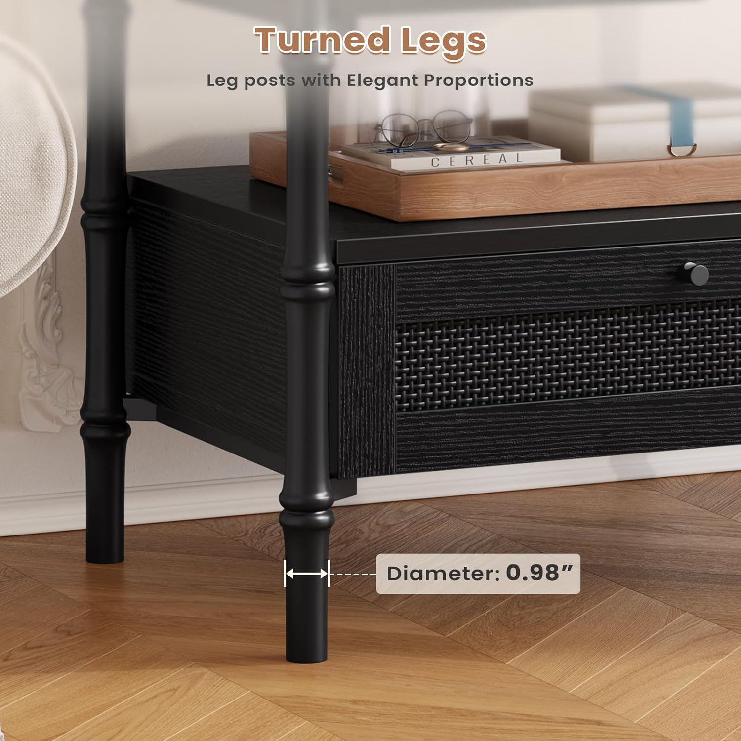 Sikaic Nightstand Rattan Nightstand with Charging Station and Turned Legs Black Black / Engineered Wood / Modern