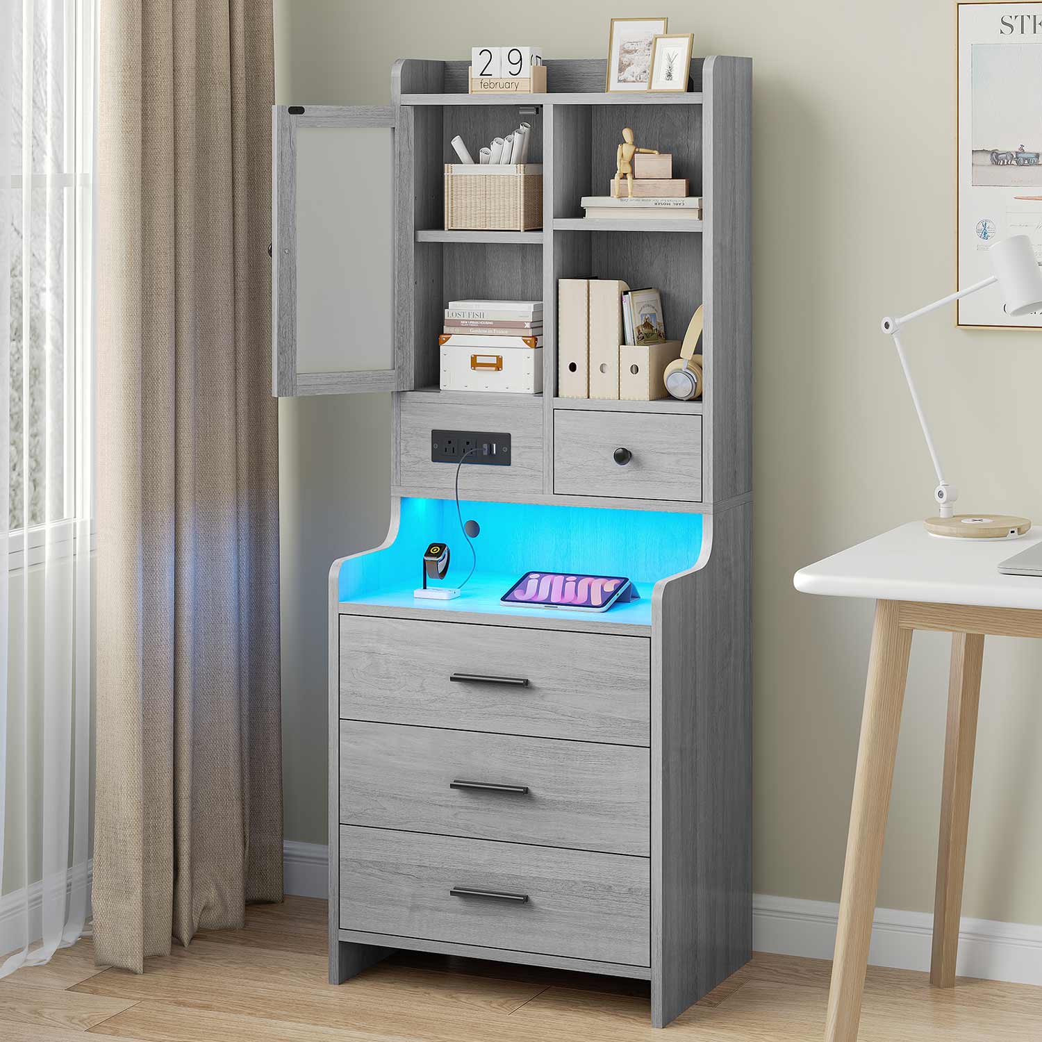 Sikaic Nightstand LED Tall Nightstand with Charging Station Drawers Shelves Glass Door Storage Grey