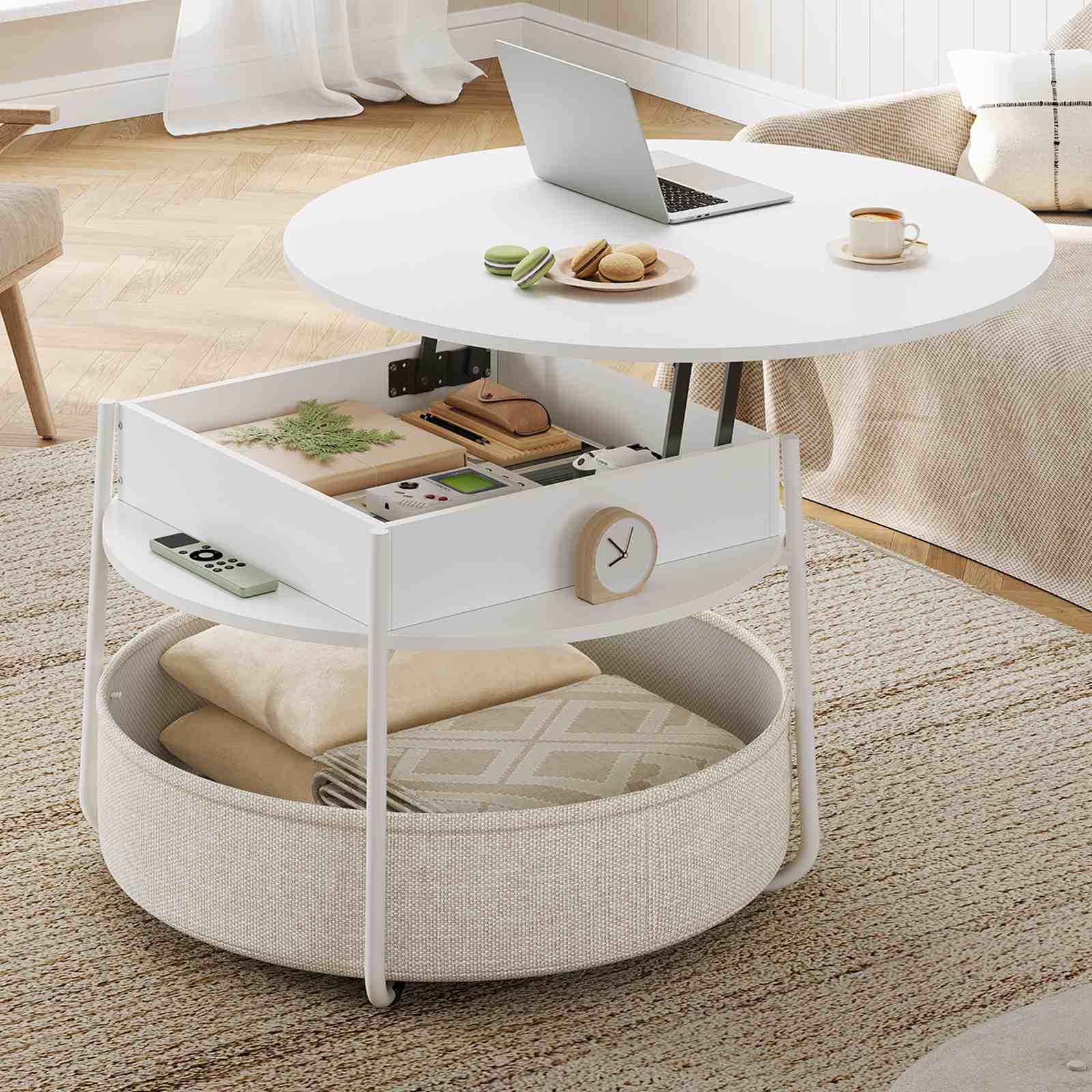 Sikaic Coffee Table Lift Top Round Coffee Table with Fabric Basket White White / Engineered Wood / Modern