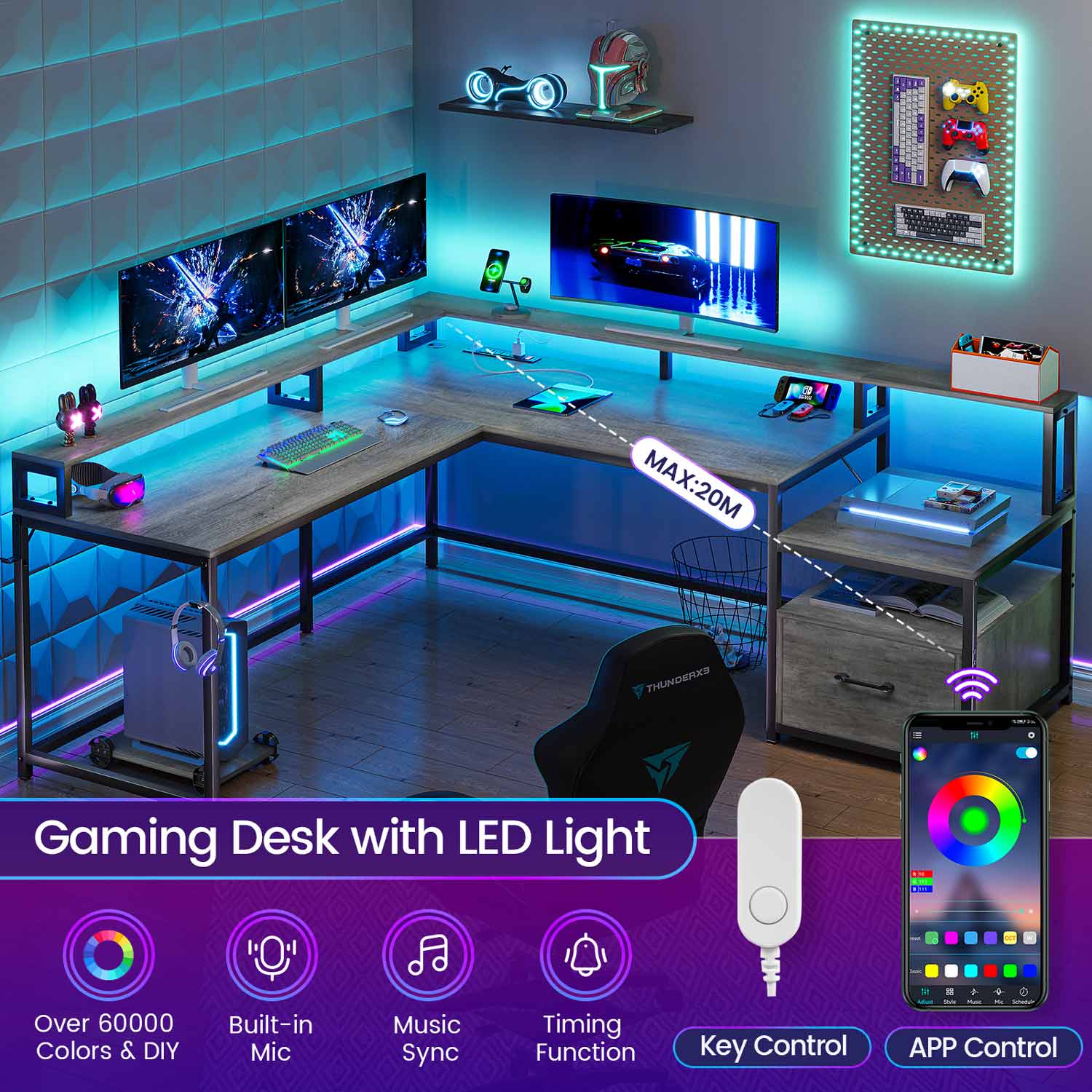Sikaic Gaming Desk 66 Inch L Shaped Corner Two Person Gaming Desk with File Drawer Power Outlet Led Lights Monitor Shelf Grey
