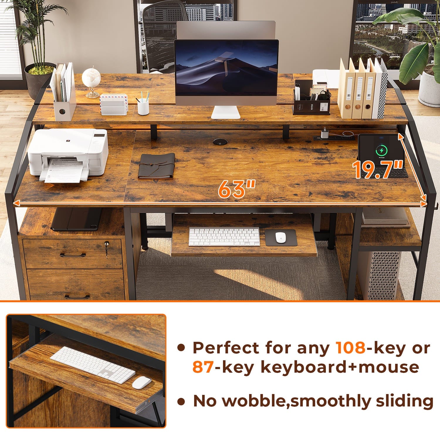 Sikaic Gaming Desk 63 Inches Gaming Desk with LED Light Drawers Rustic Brown