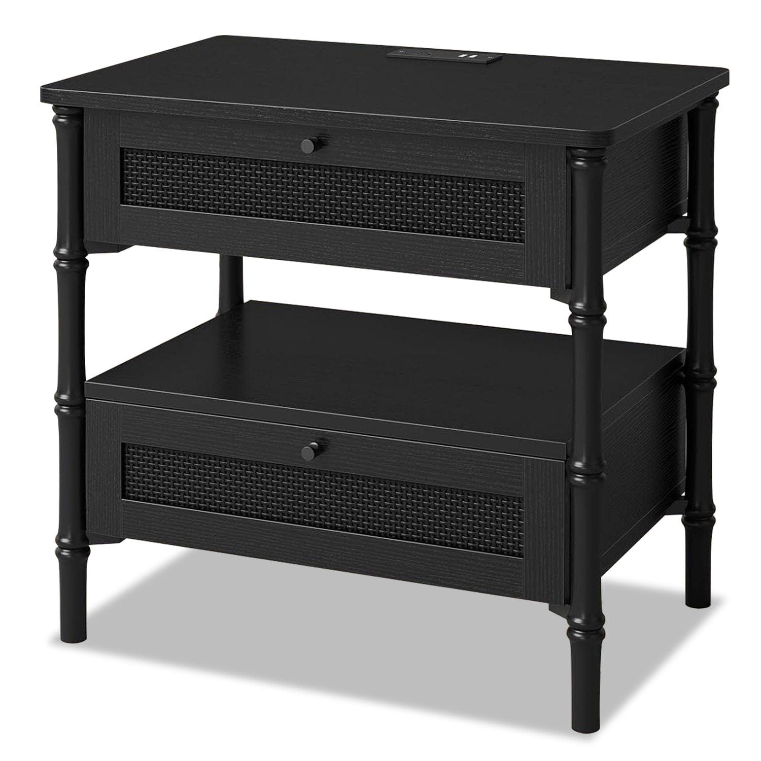 Sikaic Nightstand Rattan Nightstand with Charging Station and Turned Legs Black Black / Engineered Wood / Modern