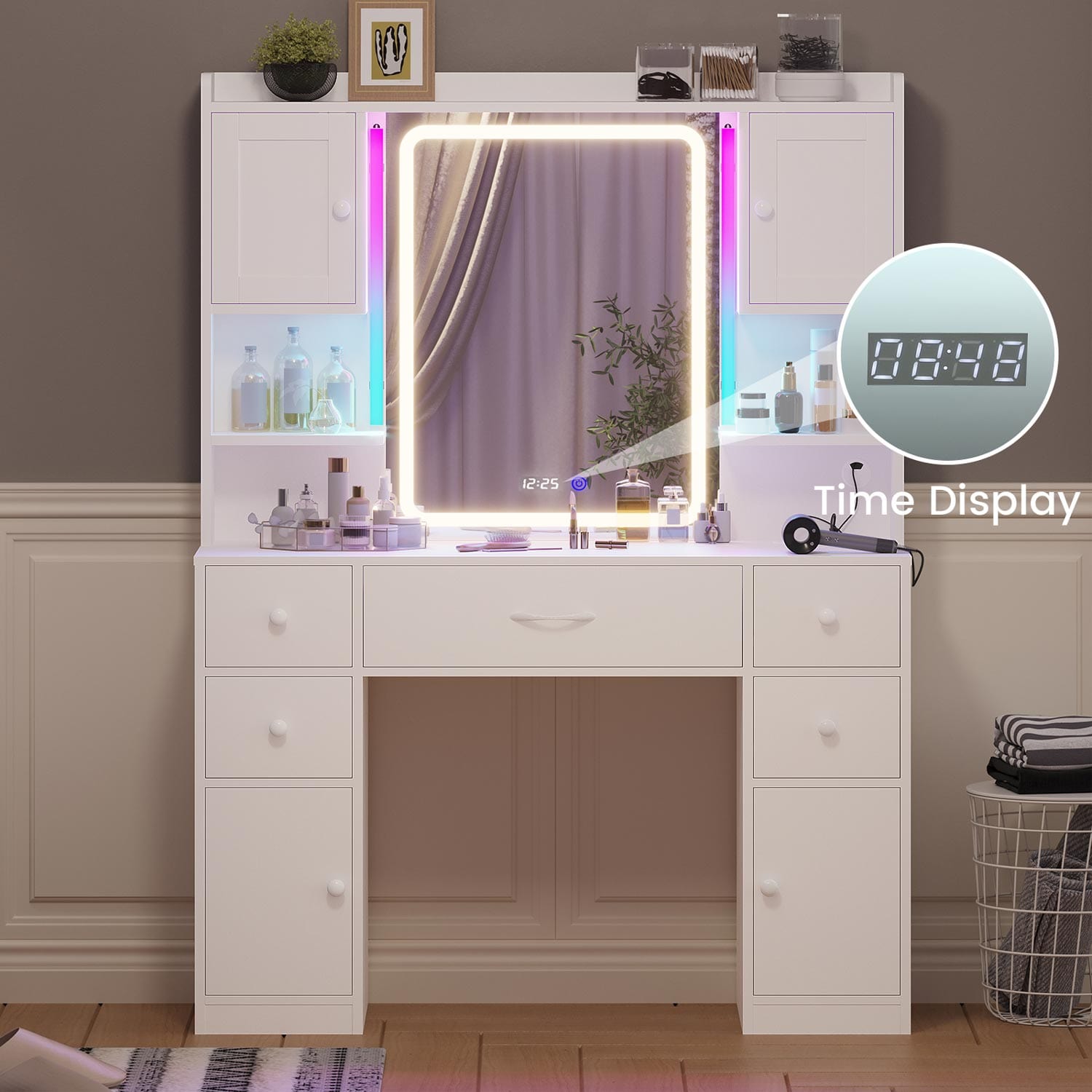 Sikaic Makeup Vanity LED Makeup Vanity With Outlet Smart Mirror Drawers White