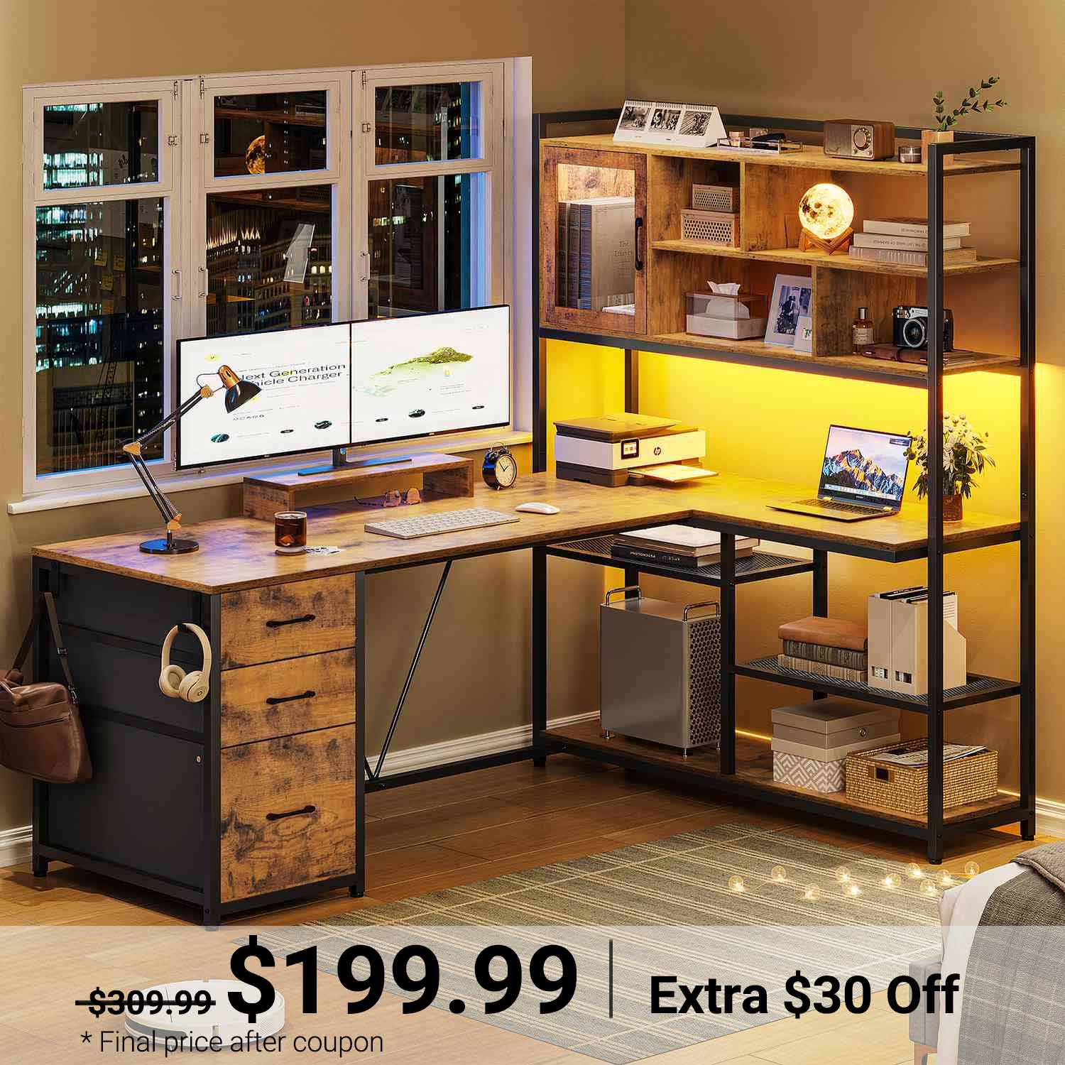 Sikaic Gaming Desk 58 Inches L Shaped Gaming Desk with LED Light 3 Drawers and Bookshelf Storage Shelves Brown Brown / Engineered Wood / Modern