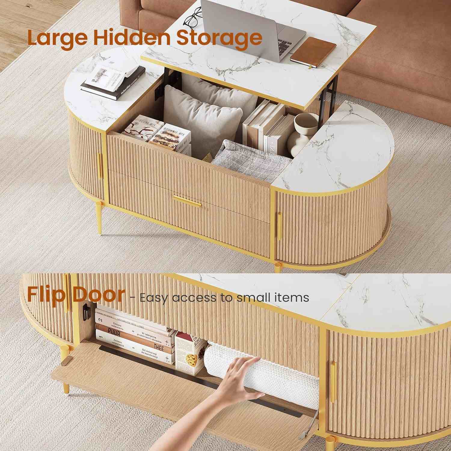 Sikaic Coffee Table Fluted Lift Top Coffee Table with Storage Natural Oak Natural / Engineered Wood / Modern