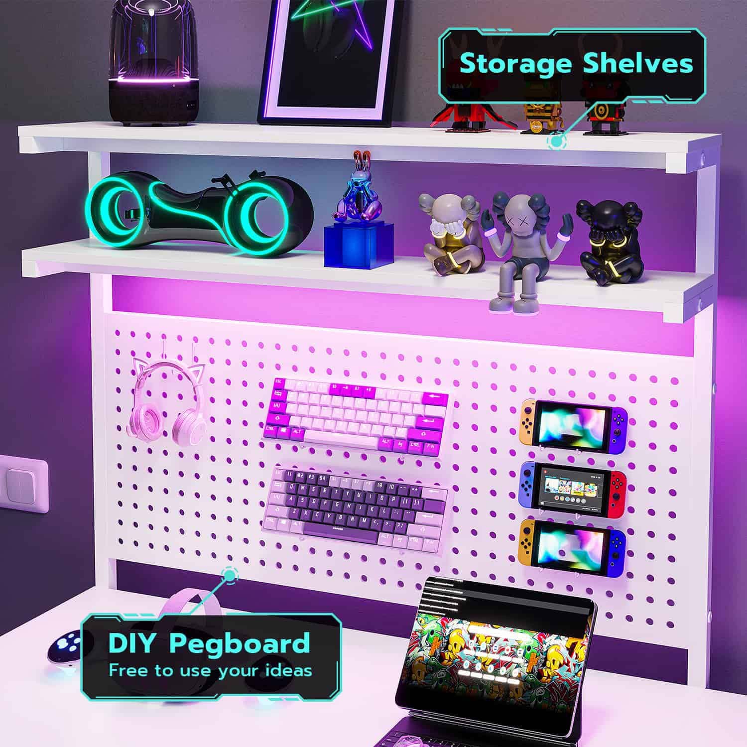 Sikaic Gaming Desk L Shaped Reversible LED Gaming Desk with Hutch Pegboard and Storage Shelves Drawers & Monitor Stand White