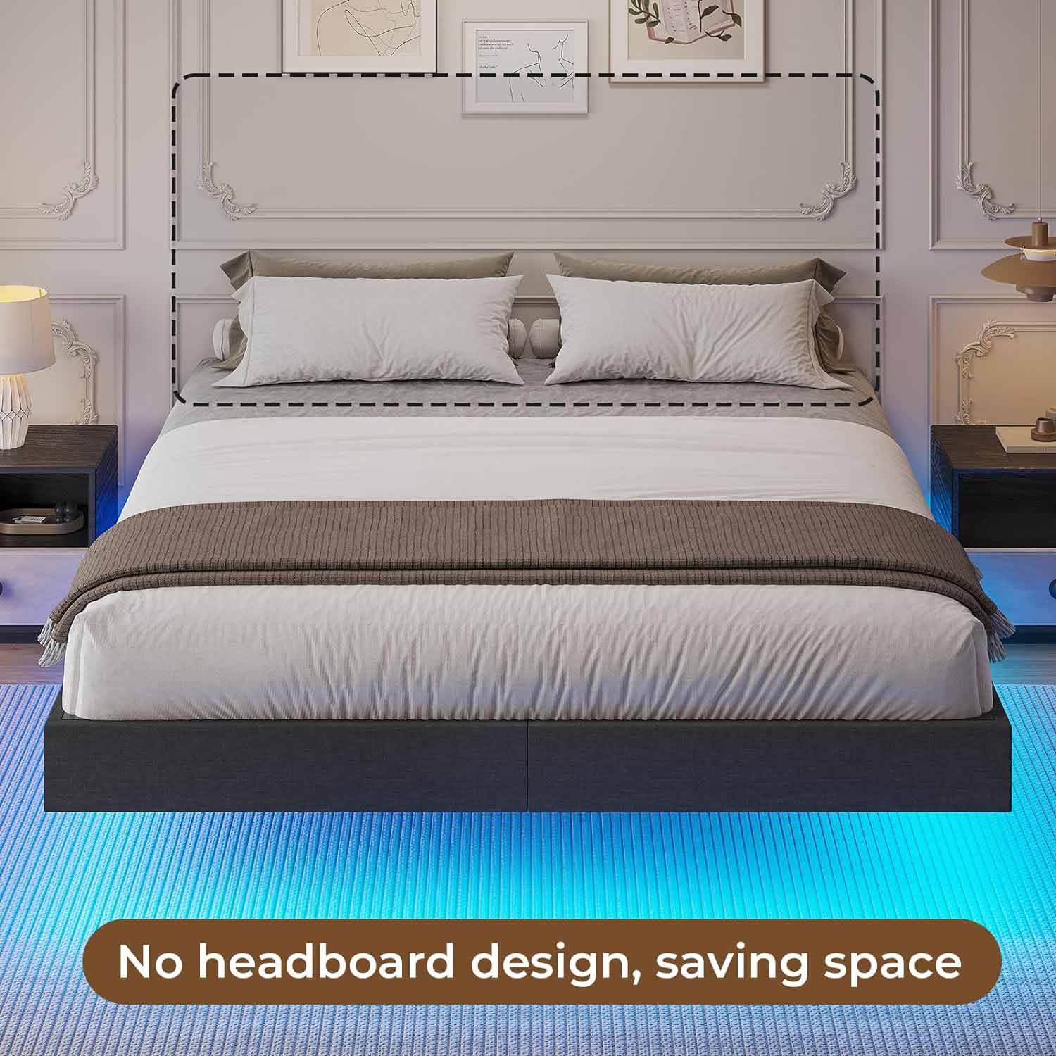 Sikaic Bed Frame Floating Bed Frame Linen Upholstered Platform with LED Lights Underbed Storage Space No Box Spring Needed Dark Grey