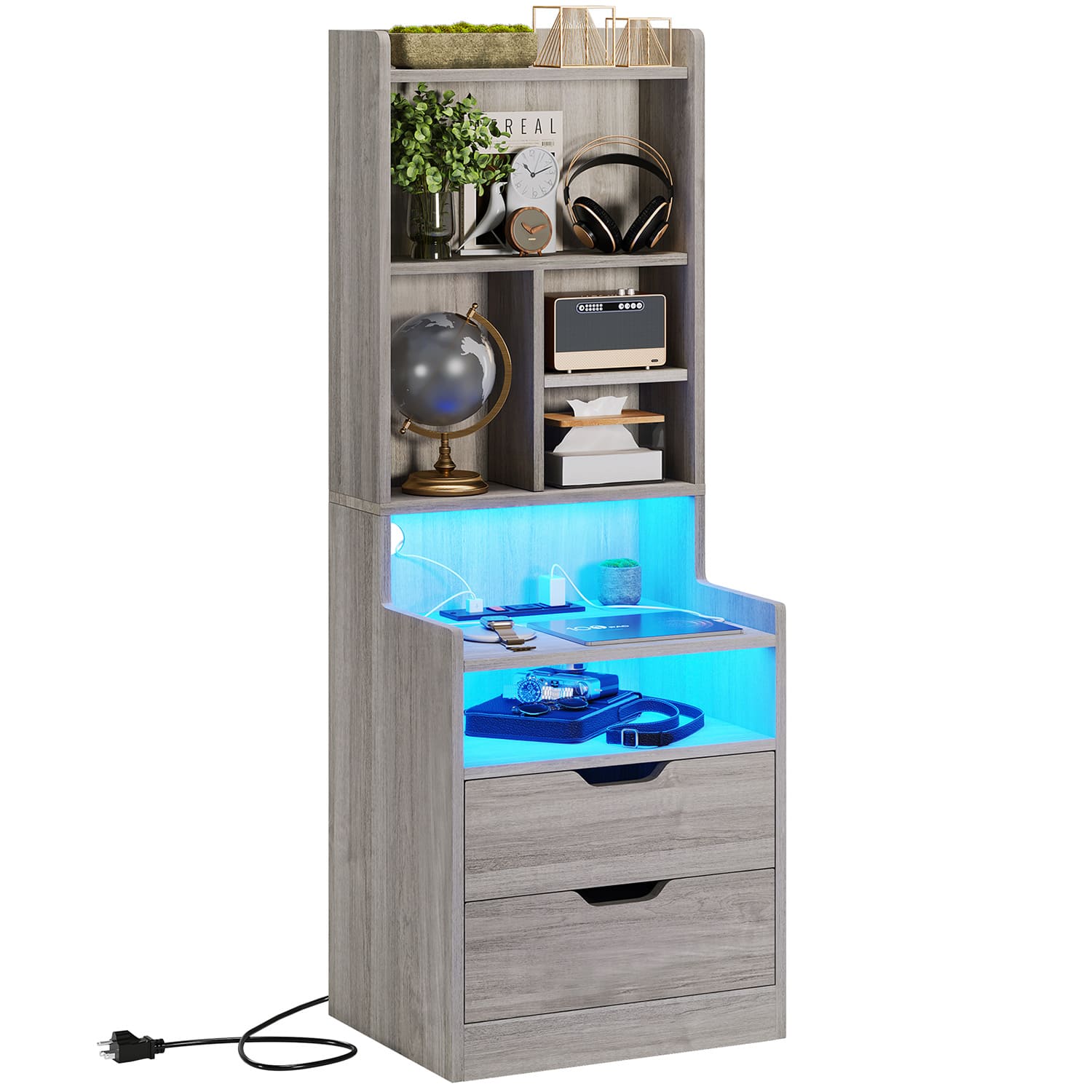 Sikaic Nightstand LED Nightstand with Bookshelf Charging Station Grey