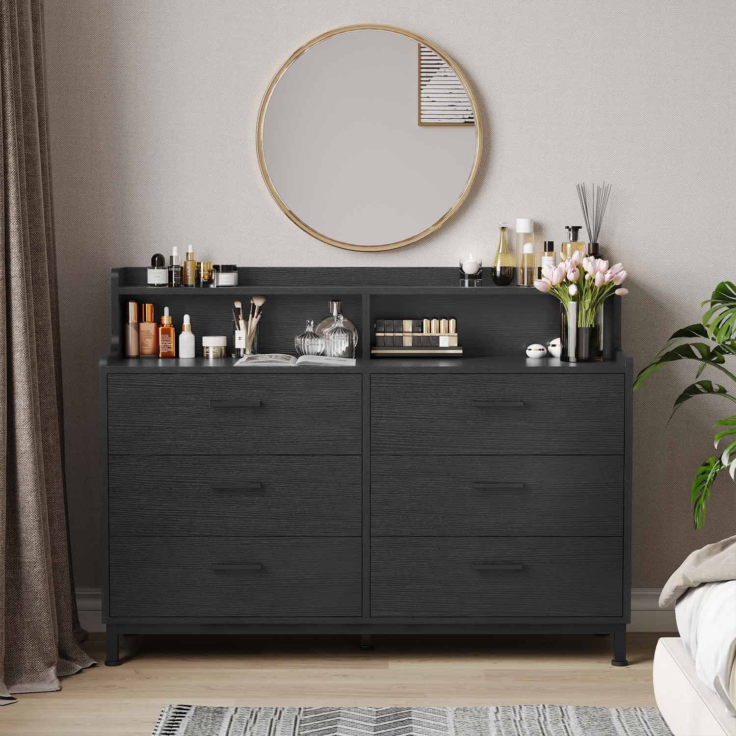 Sikaic Dressers 6 Drawers Double Dresser with Shelves Black