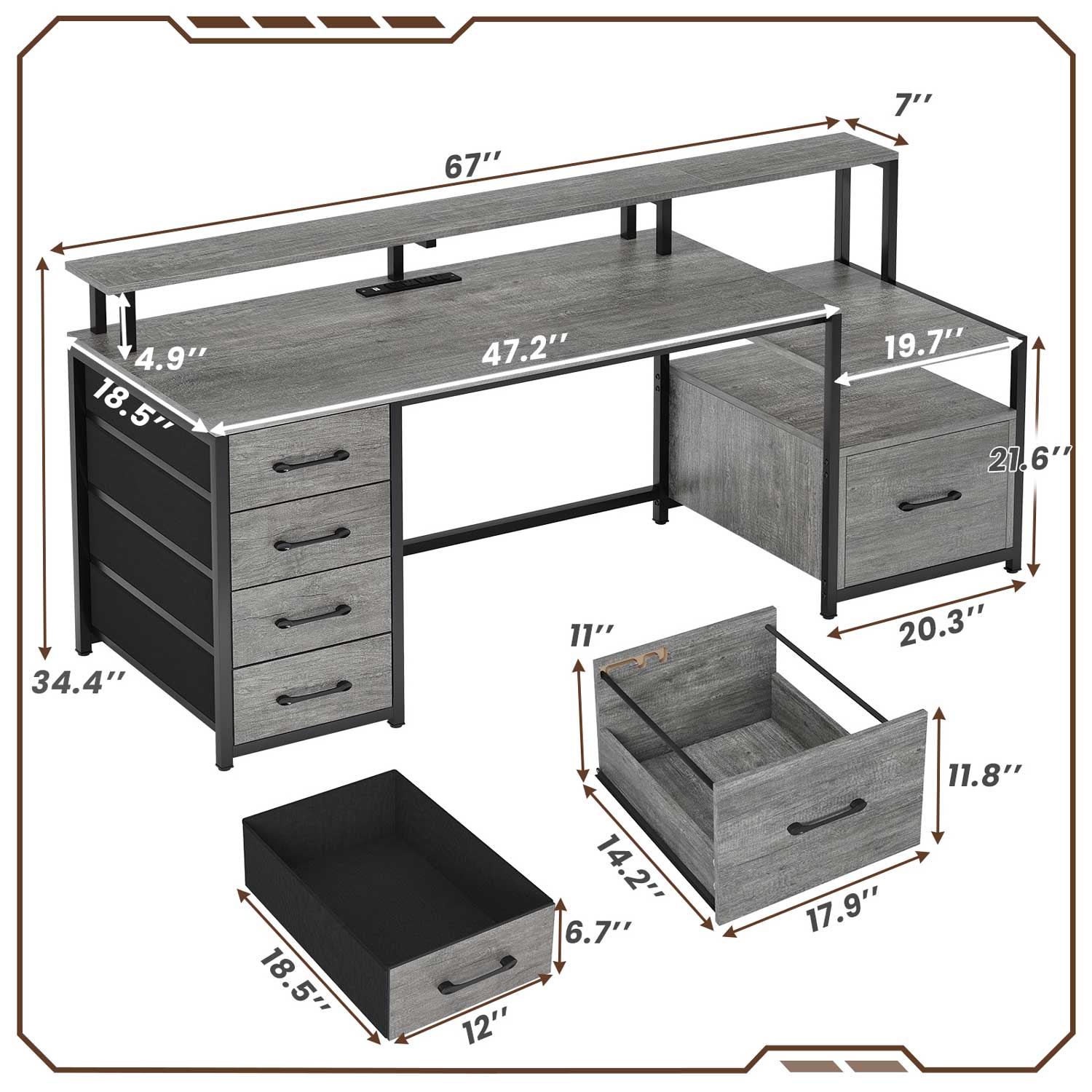 Sikaic Gaming Desk 66 inches LED Gaming Desk with File Drawer Power Outlet  Printer Cabinet and Monitor Shelf Grey