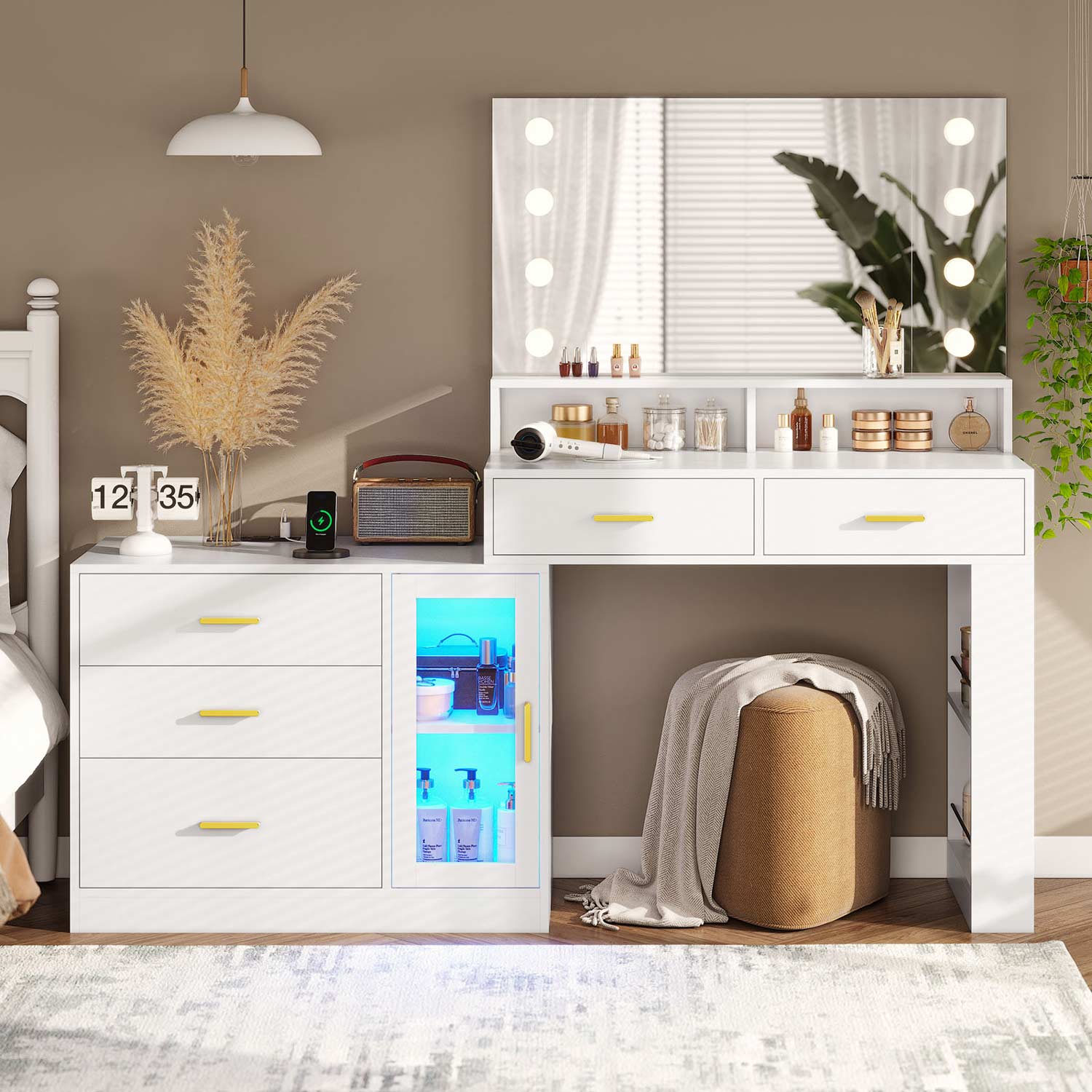 Sikaic Makeup Vanity LED Makeup Vanity Dresser with Mirror and Charging Station & 5 Drawers Cabinet Storage White