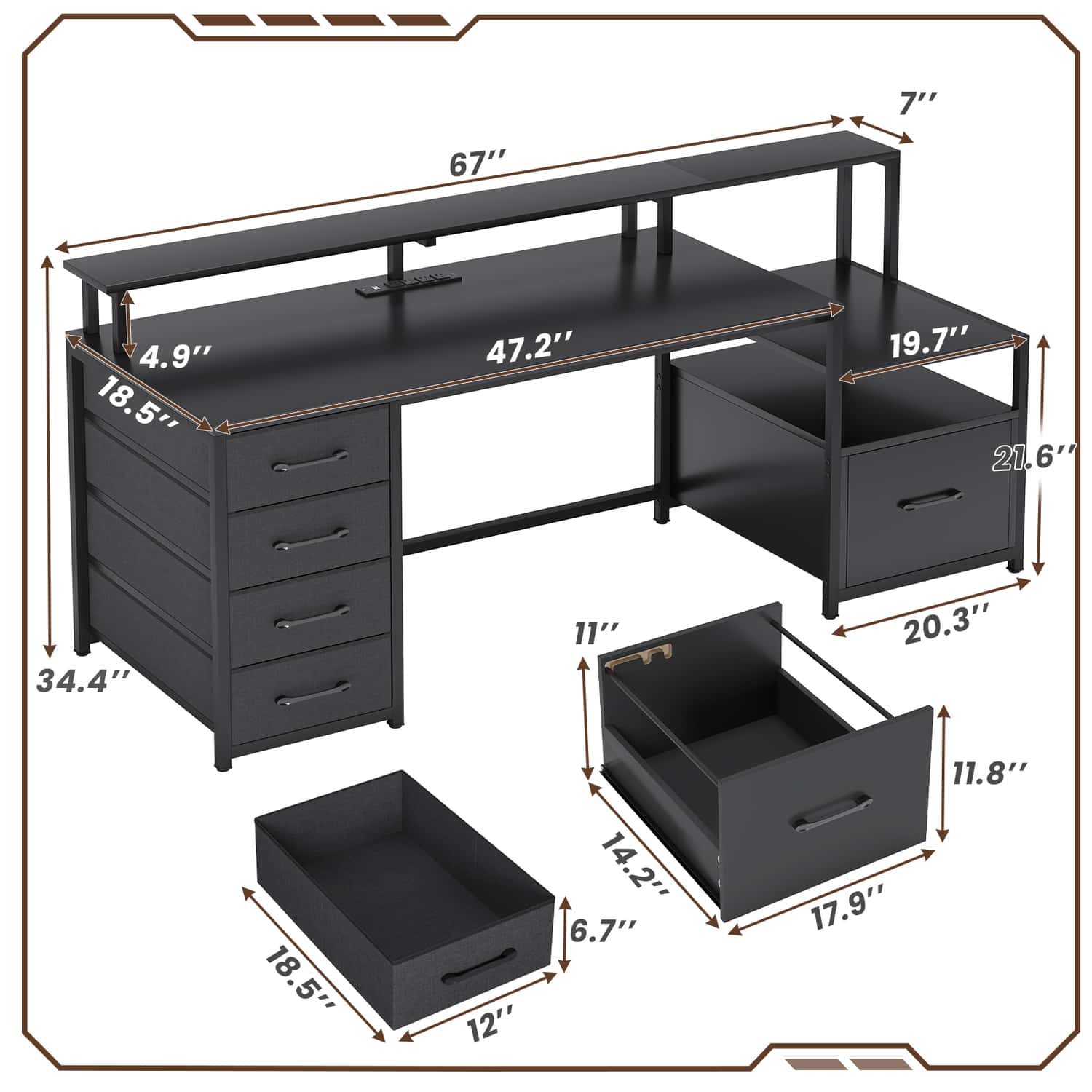 Sikaic Gaming Desk 66 inches LED Gaming Desk with File Drawer Power Outlet  Printer Cabinet and Monitor Shelf Black