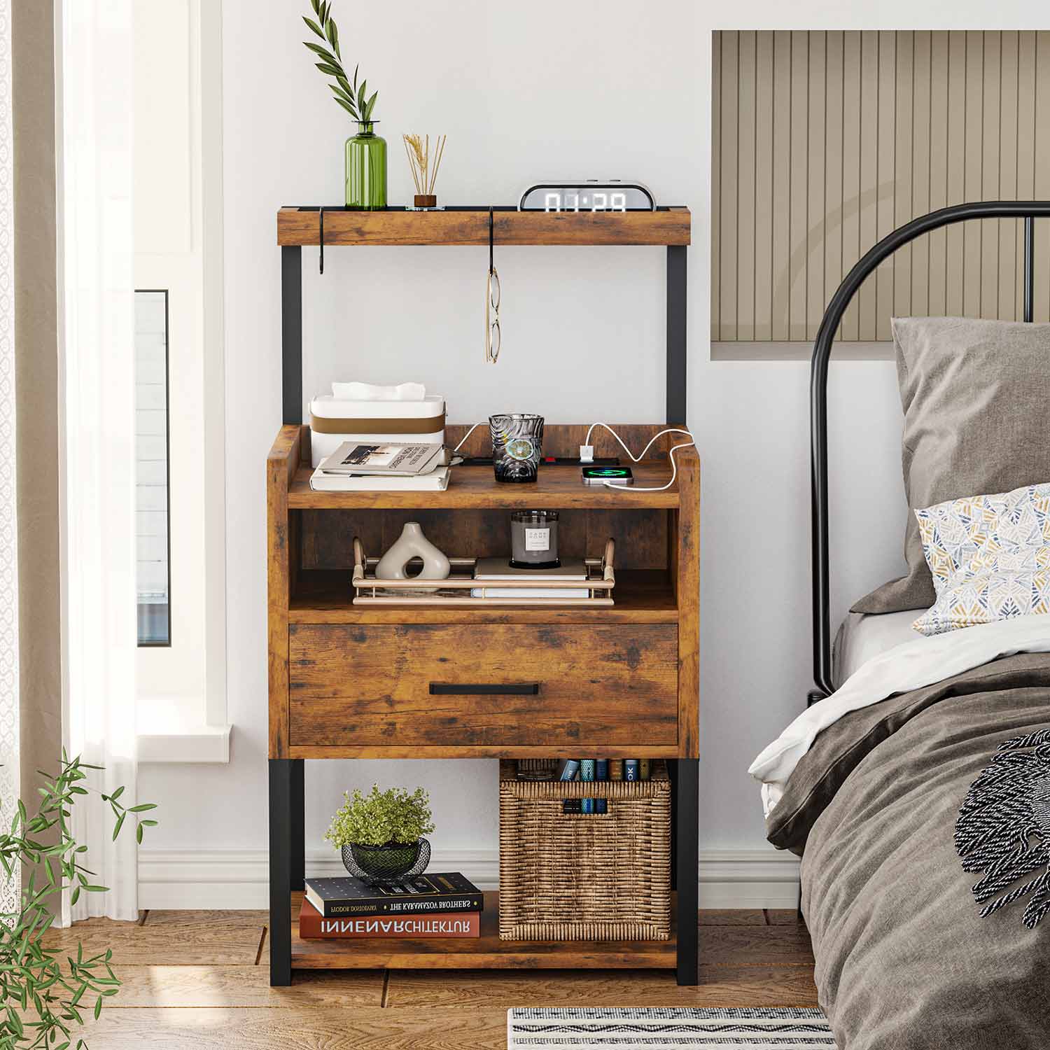 Sikaic Nightstand LED Nightstand with Charging Station & Shelf Brown