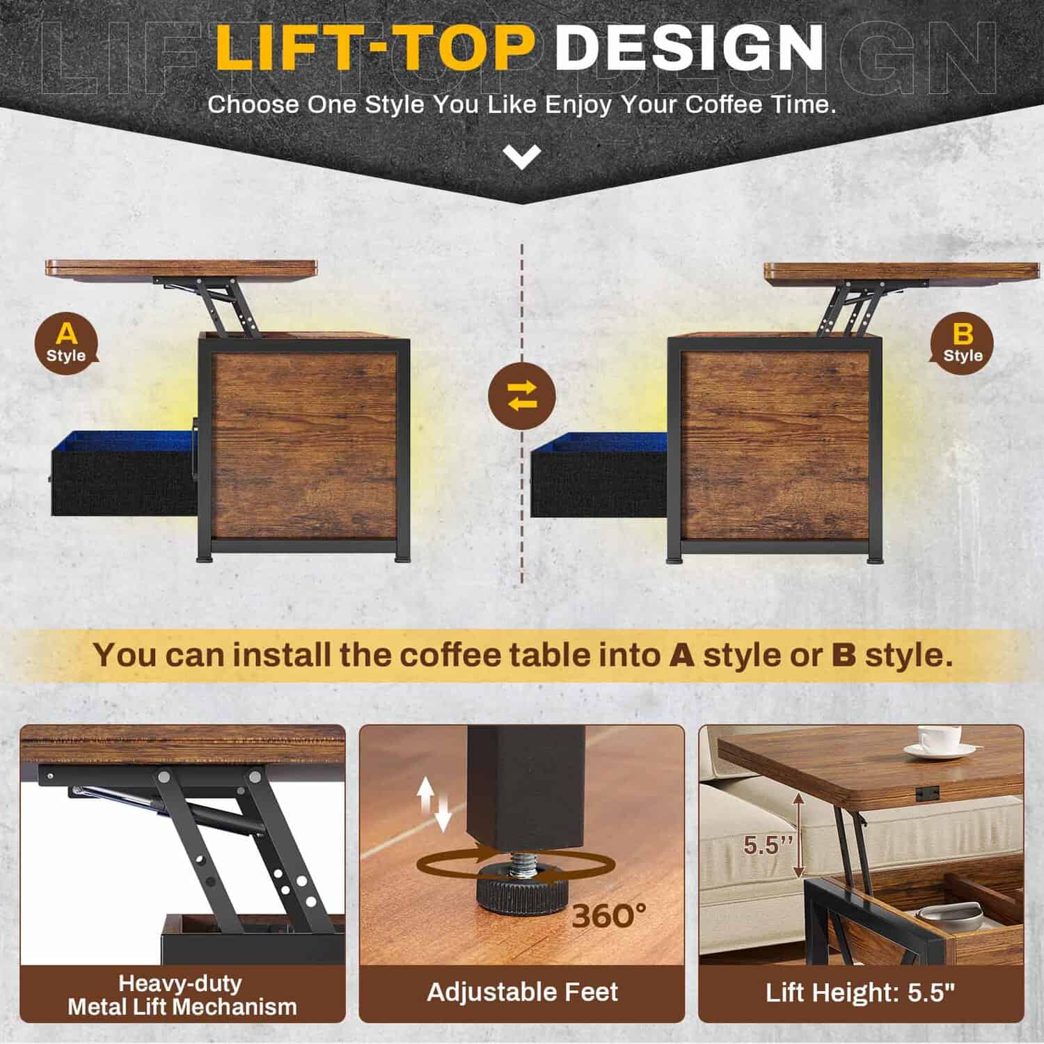 Sikaic Coffee Table 40 Inches 4 in 1 Lift Top Coffee Table with Storage Cabinet 2 Fabric Drawers & LED Light for Dining Room Brown