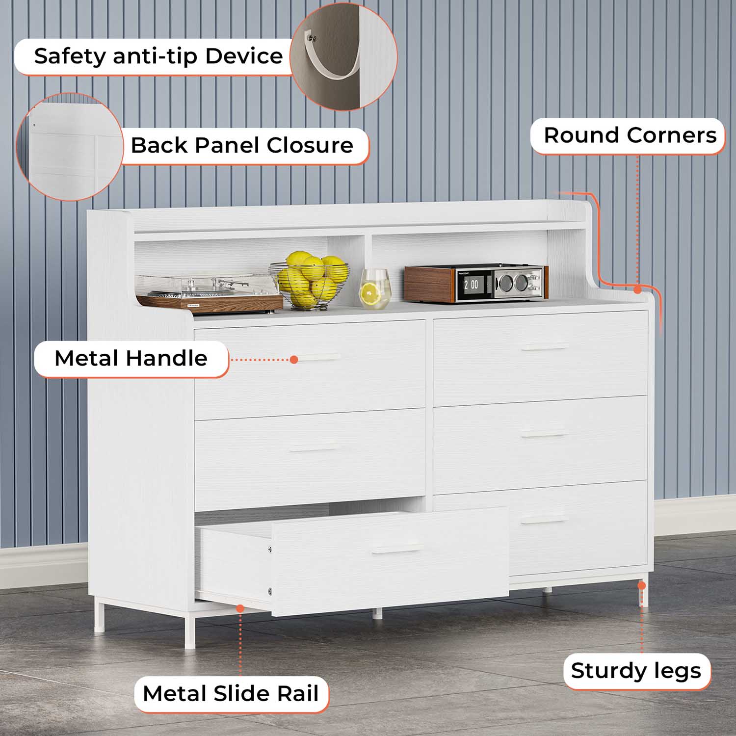 Sikaic Dresser Double Large Dresser with Shelves Wide Chest of 6 Drawers White