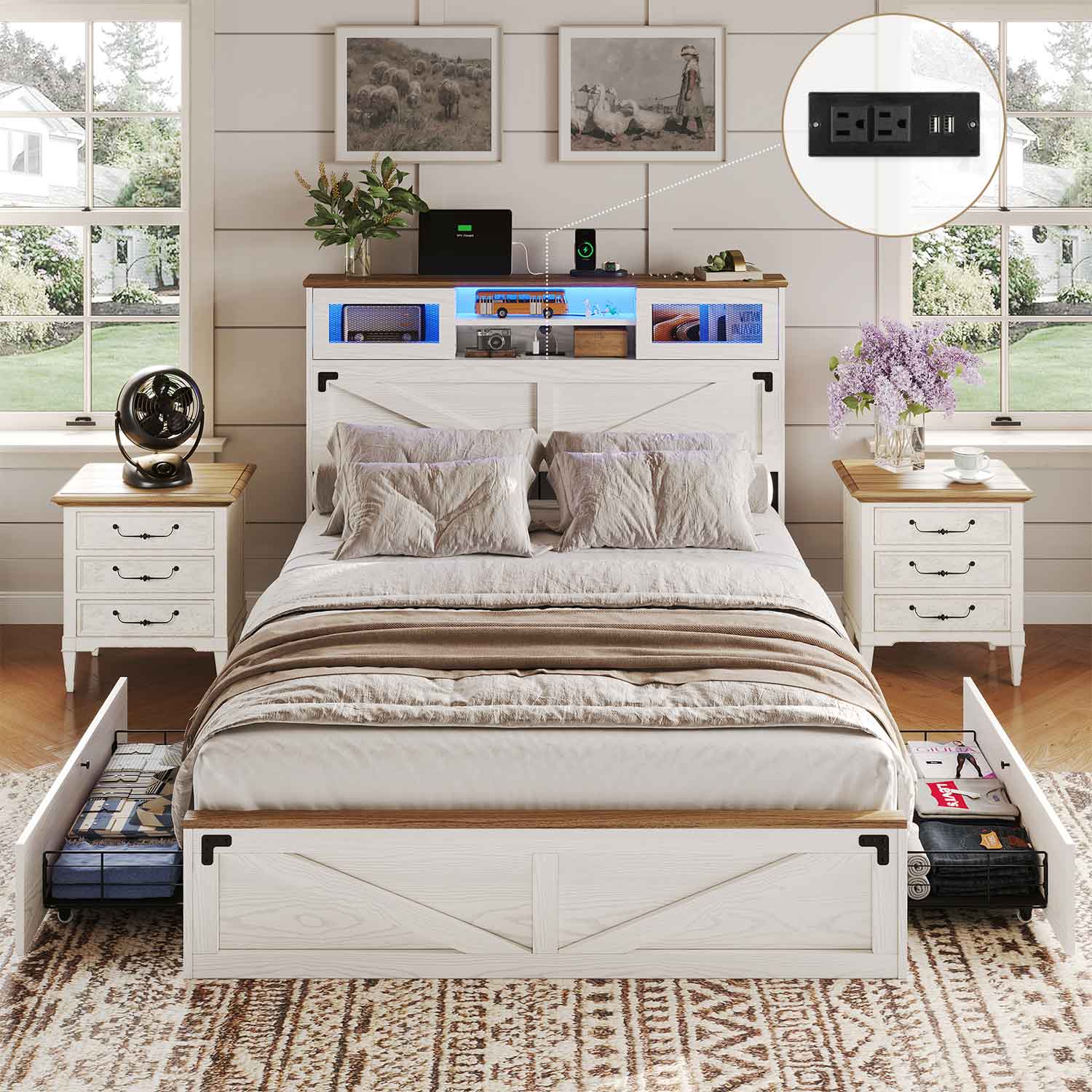 Sikaic Bed Frame Farmhouse Wooden Platform LED Lights Bed Frame with Bookcase Sliding Door Headboard Charging Station and 2 Drawers White