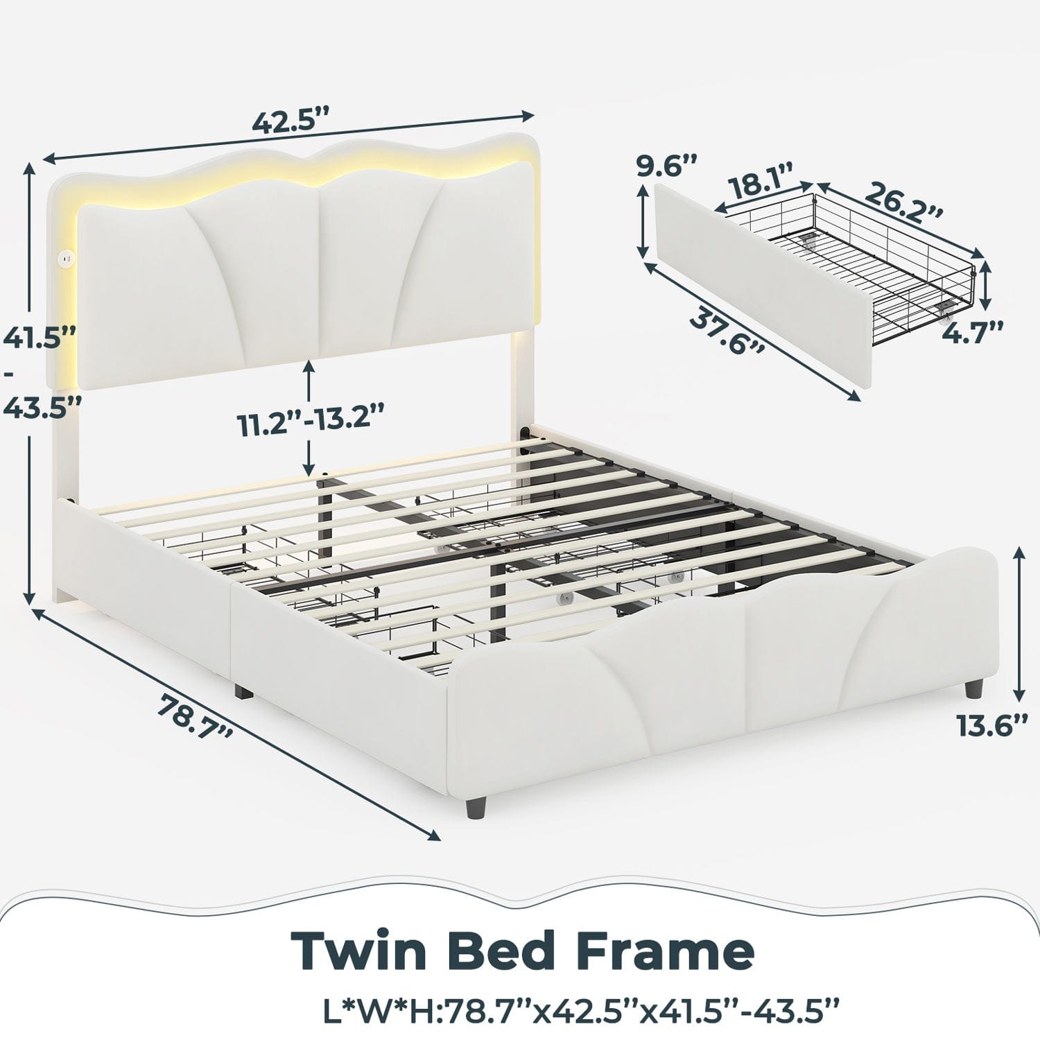 Sikaic Bed Frame Upholstered Platform Led Bed Frame with USB Ports Drawers White
