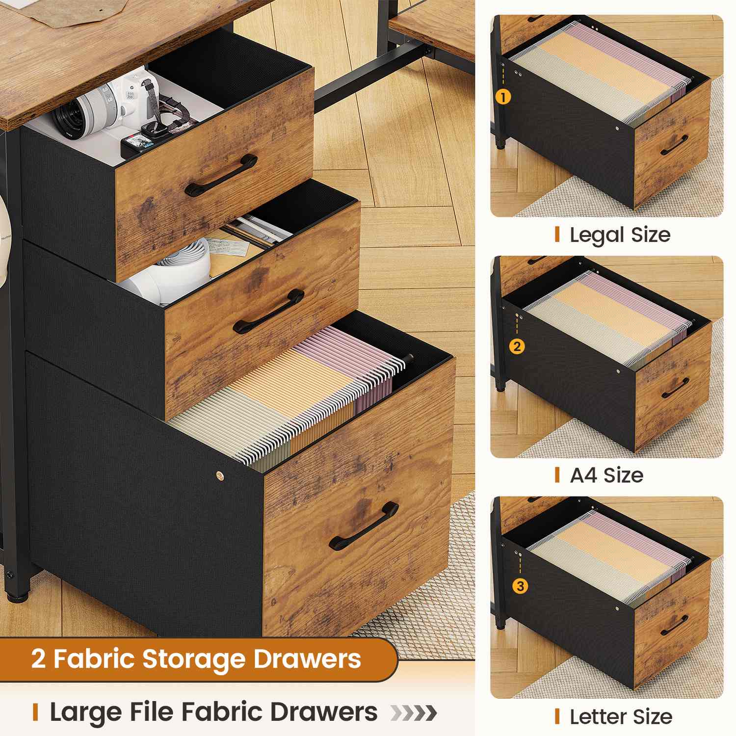 Sikaic Gaming Desk 58 Inches L Shaped Gaming Desk with LED Light 3 Drawers and Bookshelf Storage Shelves Brown