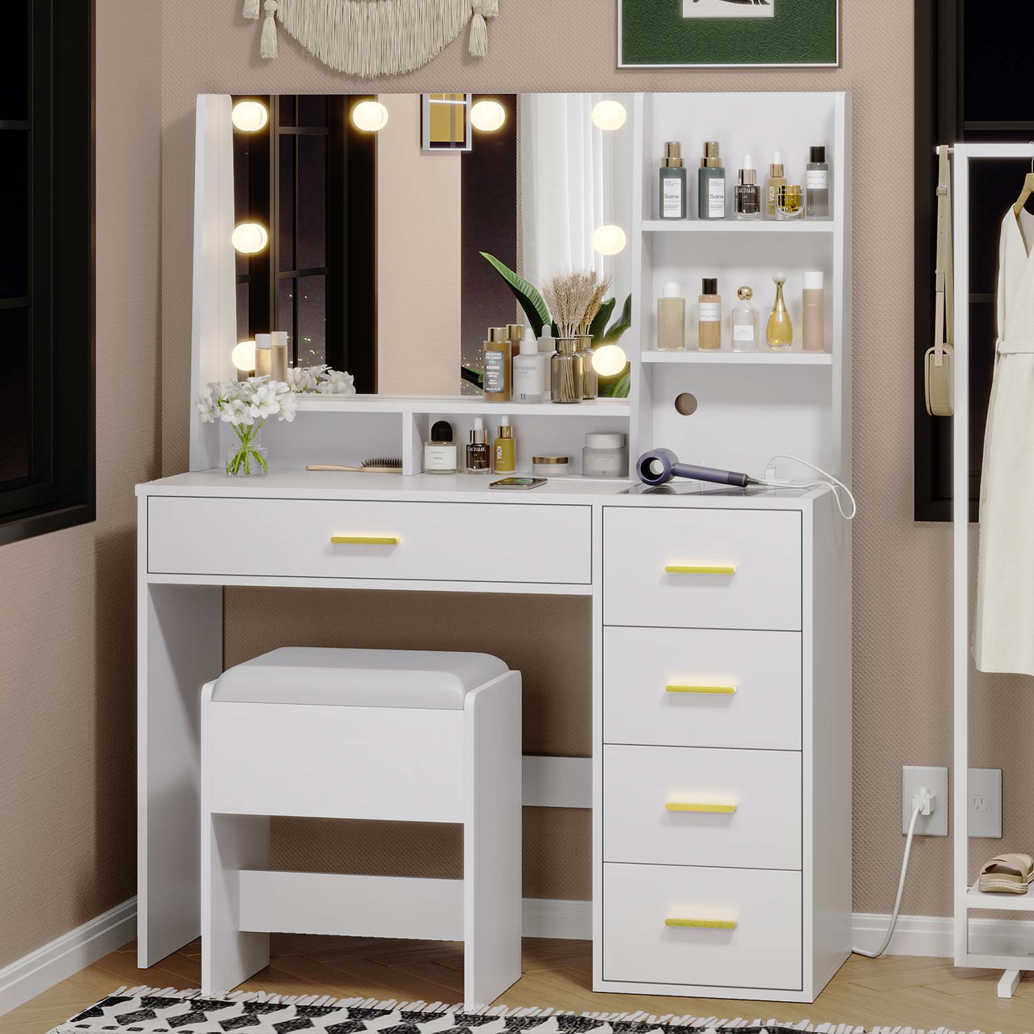 Sikaic Makeup Vanity LED Makeup Vanity Set with Mirror Cushioned Stool Charging Station Open Storage Shelves White