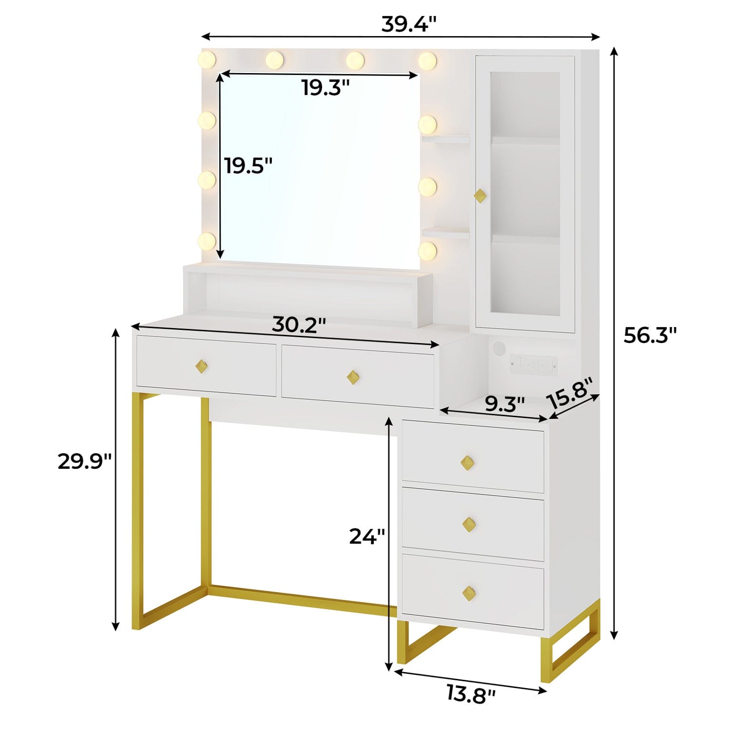 Sikaic Makeup Vanity LED Makeup Vanity With Outlet Nightstand Drawers White & Gold