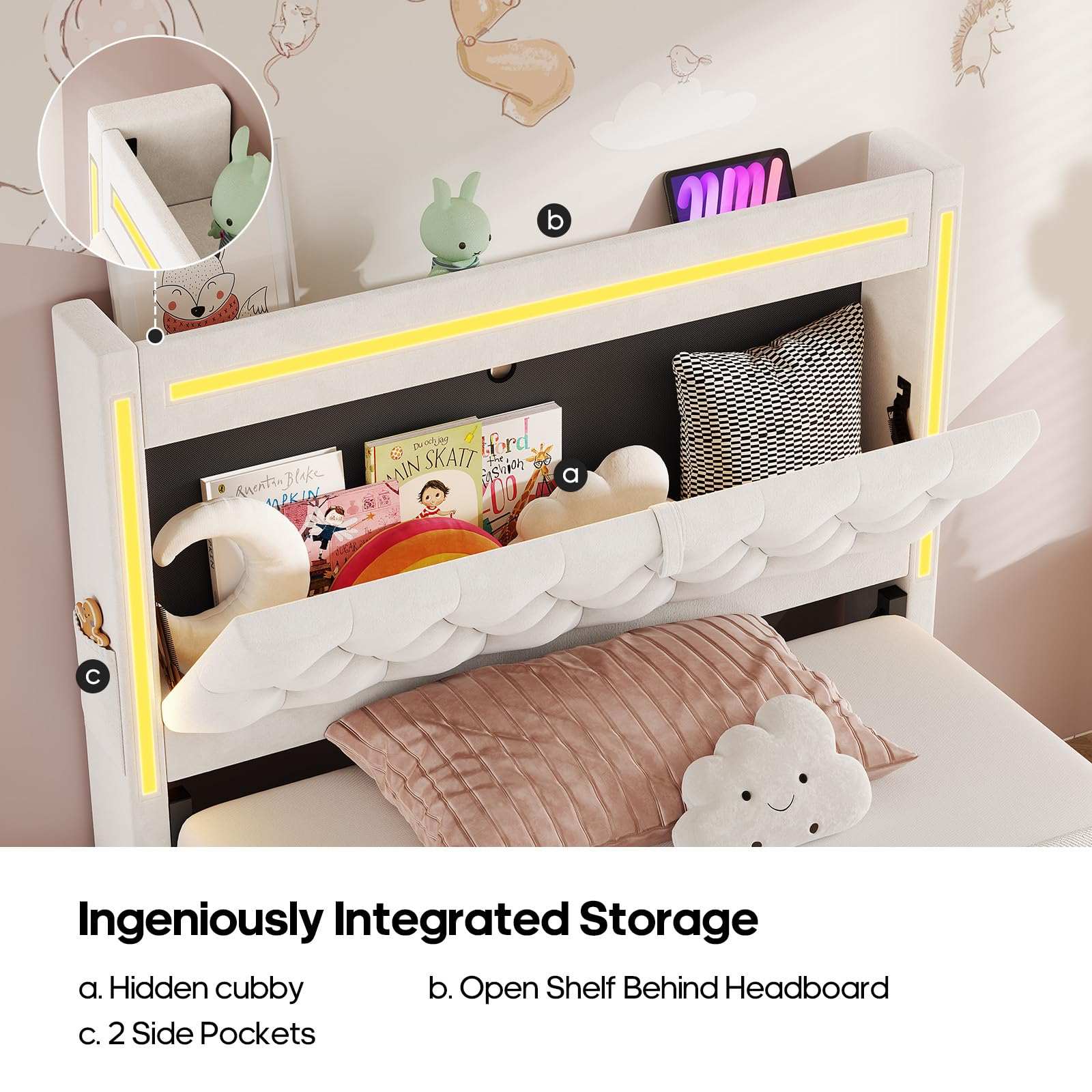 Sikaic Bed Frame Twin Size Upholstered LED Bed Frame Beige Beige / Engineered Wood / Modern