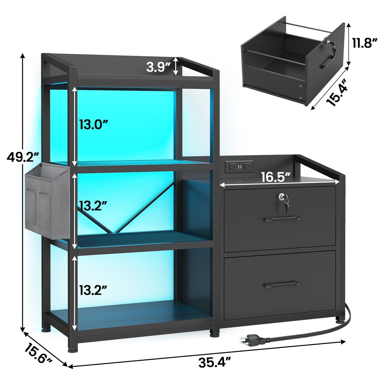 Sikaic File Cabinet 35.4 inches LED File Cabinet Power Strip with 2 Drawe fits Letter/A4 Size Black
