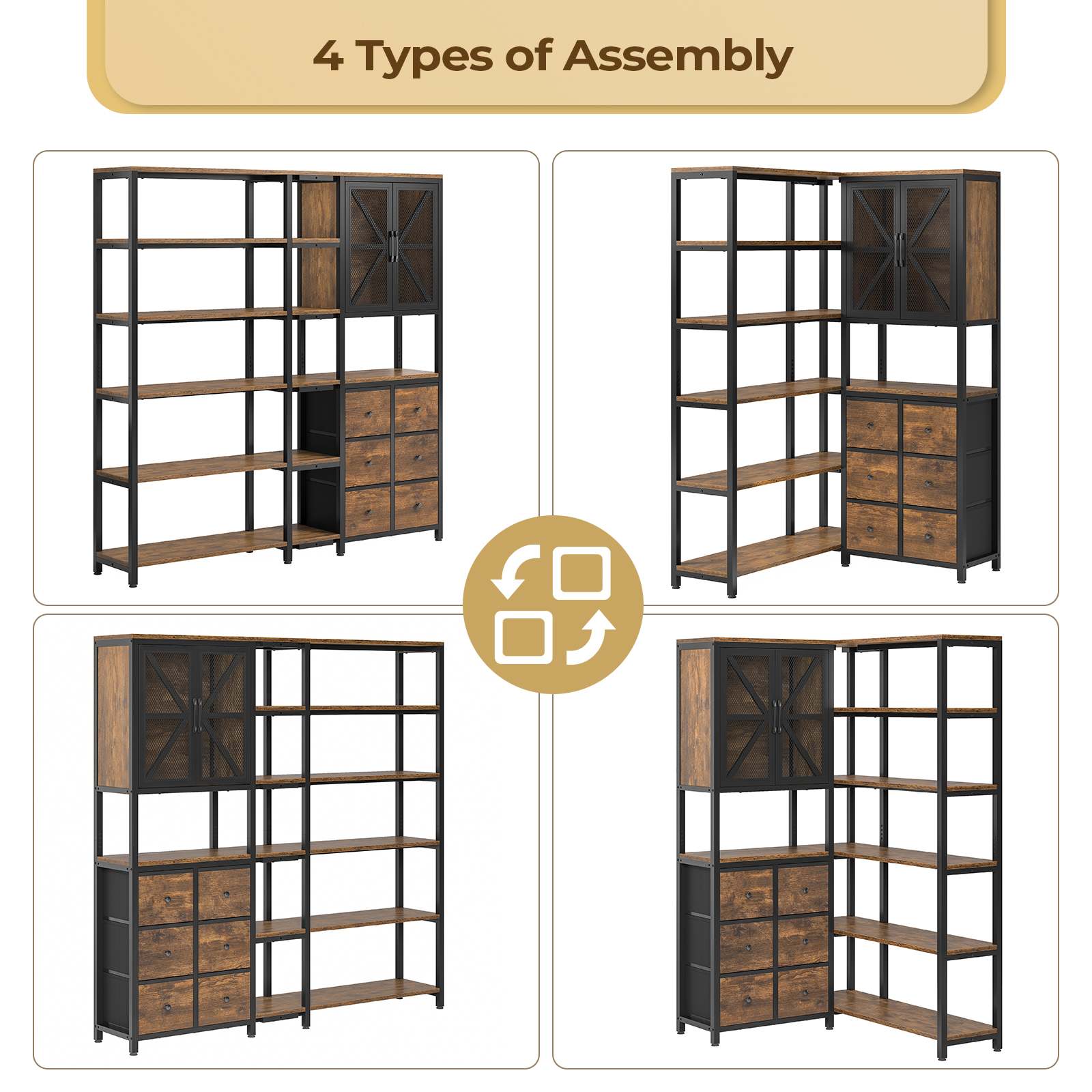 Sikaic Bookshelf 6 Tier Industrial Convertible L Shaped Corner Bookshelf with 6 Fabric Drawers Rustic Brown Brown / Engineered Wood / Modern