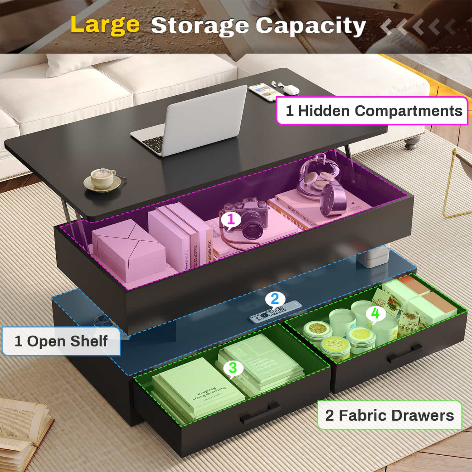 Sikaic Coffee Table 40 Inches Lift Top Coffee Table with 2 Fabric Drawers and LED Light Black