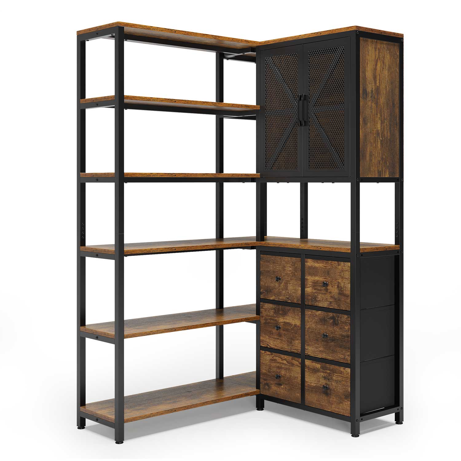 Sikaic Bookshelf L Shaped Corner Bookshelf with 6 Fabric Drawers Rustic Brown Brown / Engineered Wood / Modern