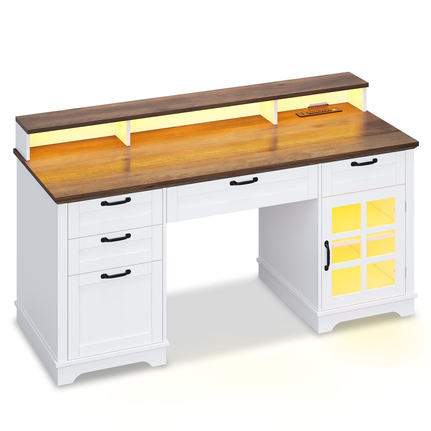 Sikaic Computer Desk 59 Inches Executive Desk with Power Outlet and LED Light White White / Engineered Wood / Farmhouse