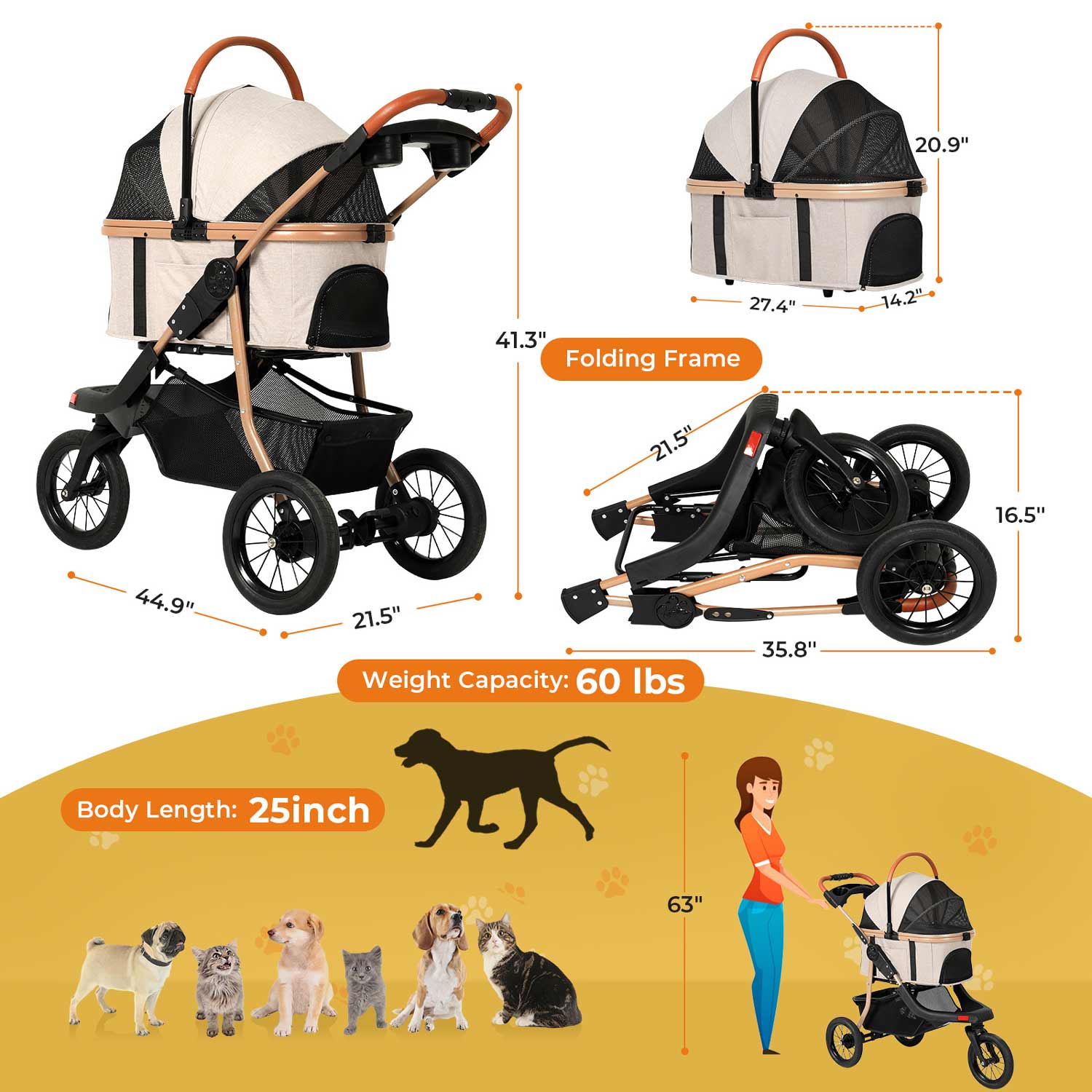 Sikaic Pet Stroller Pet Stroller Folding Traveling Strolling Cart Light Khaki